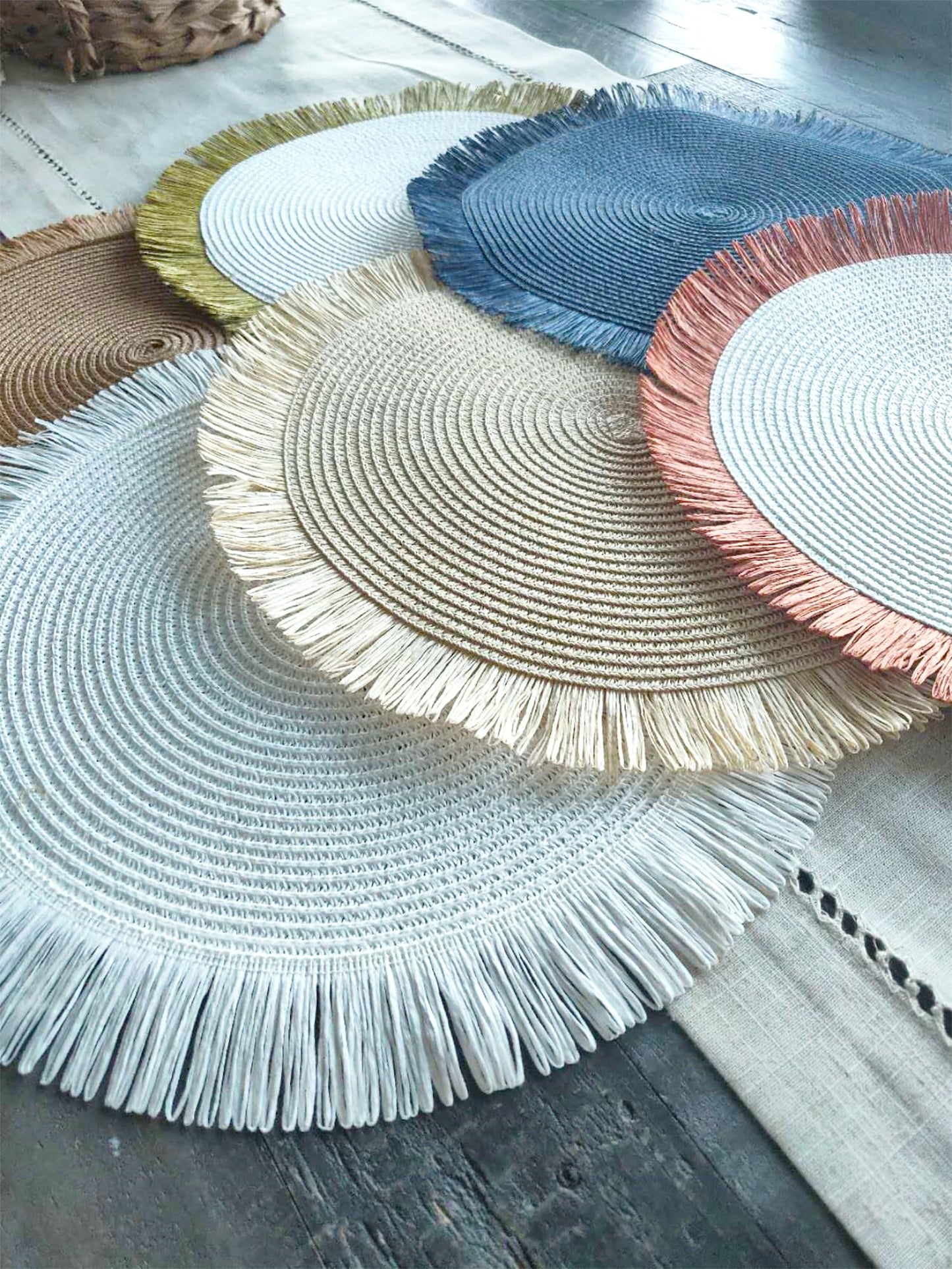 Fennco Styles Handwoven Fringe Boho Placemats 15" Round - Natural Braided Texture Table Mats for Home, Dining Room, Banquets, Family Gathering and Special Occasion