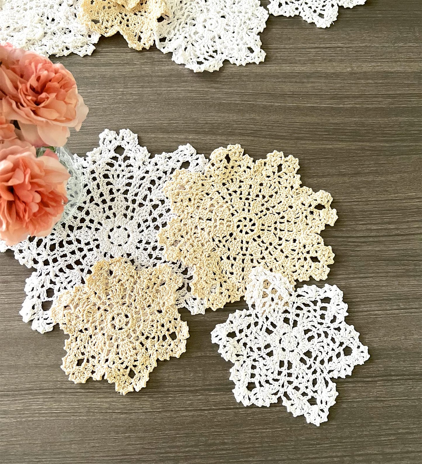 Fennco Styles Handmade Crochet Lace Pineapple Ecru Doily. 4 Inch Round. 100% Cotton. 4 Pieces.