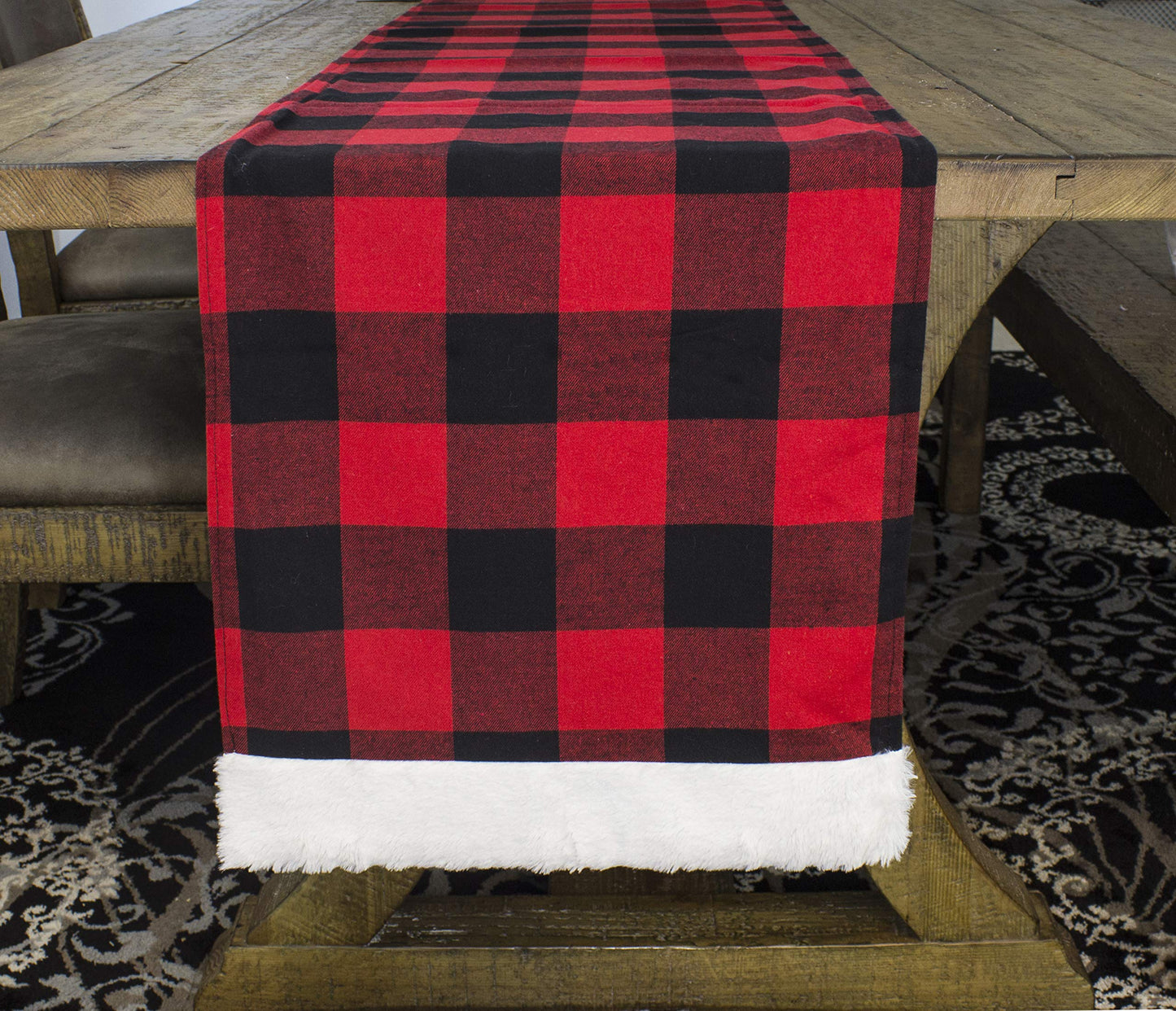 Fennco Styles Holiday Buffalo Plaid Red and Black with White Faux Fur Border Design Table Runner 16" W x 72" L