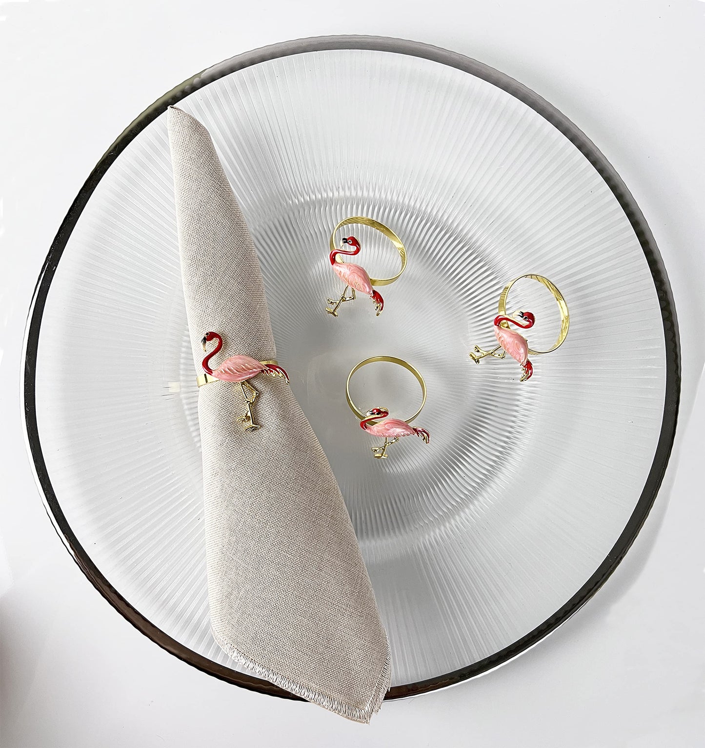 Fennco Styles Enamel Glazed Flamingo Metal Napkin Rings, Set of 4 - Beige Decorative Napkin Holders for Home, Dining Room, Banquets, Family Gatherings, Holidays and Special Occasions