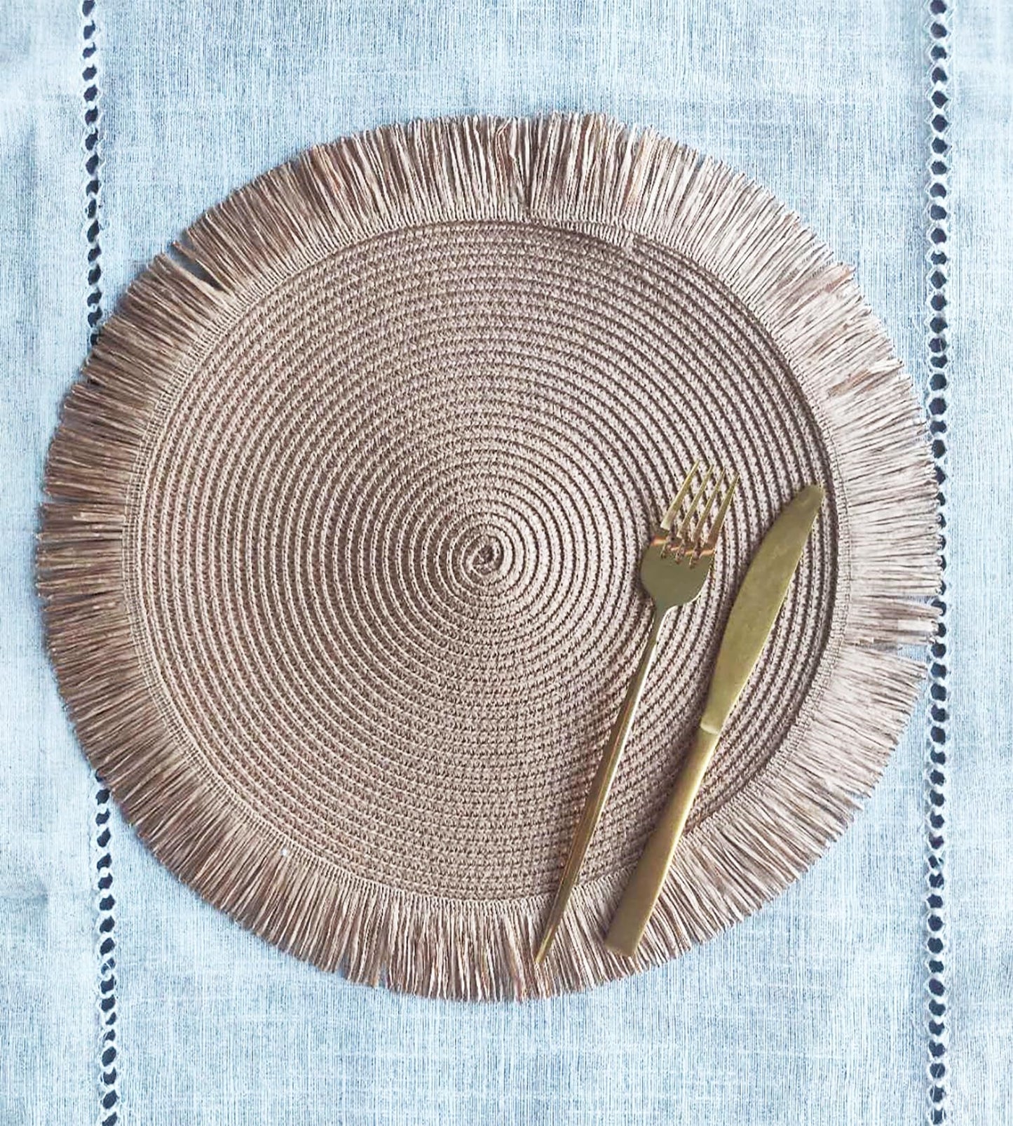 Fennco Styles Handwoven Fringe Boho Placemats 15" Round - Natural Braided Texture Table Mats for Home, Dining Room, Banquets, Family Gathering and Special Occasion