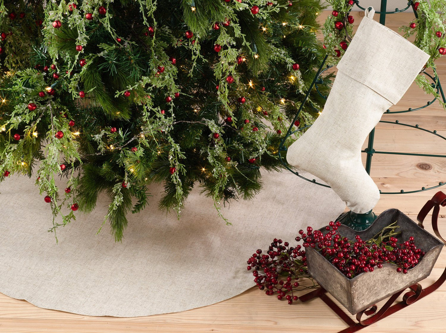 Fennco Styles Red Piping Design Decorative Christmas Tree Skirt 56 Inch Round - Linen Blend Holiday Tree Skirt for Home, Christmas Tree, Indoor Outdoor Decoration