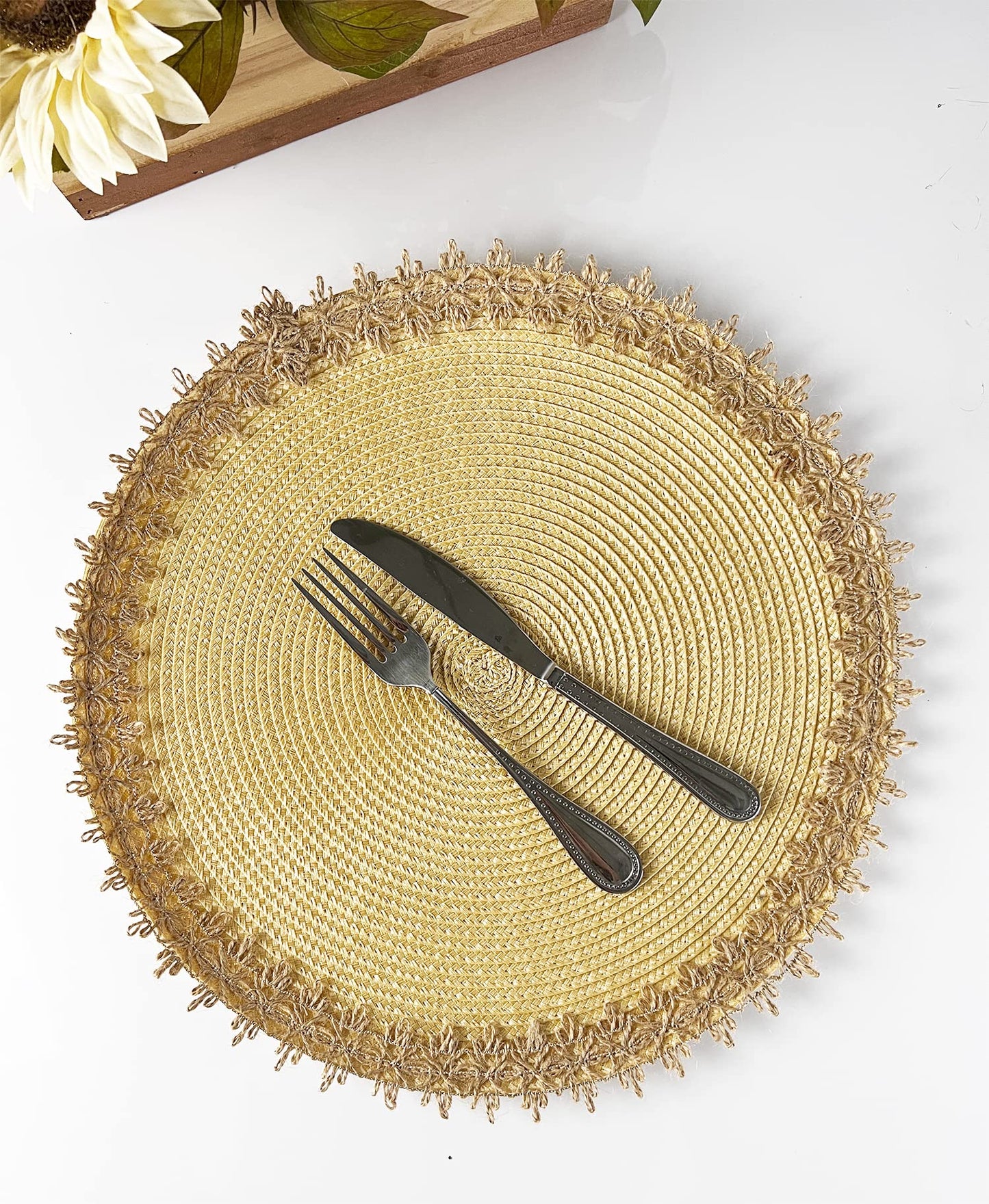 Fennco Styles Rustic Jute Border Handwoven Placemats 15" Round, Set of 4 - Natural Braided Table Mats for Home, Dining Room Décor, Banquets, Holidays, Family Gatherings and Special Occasion