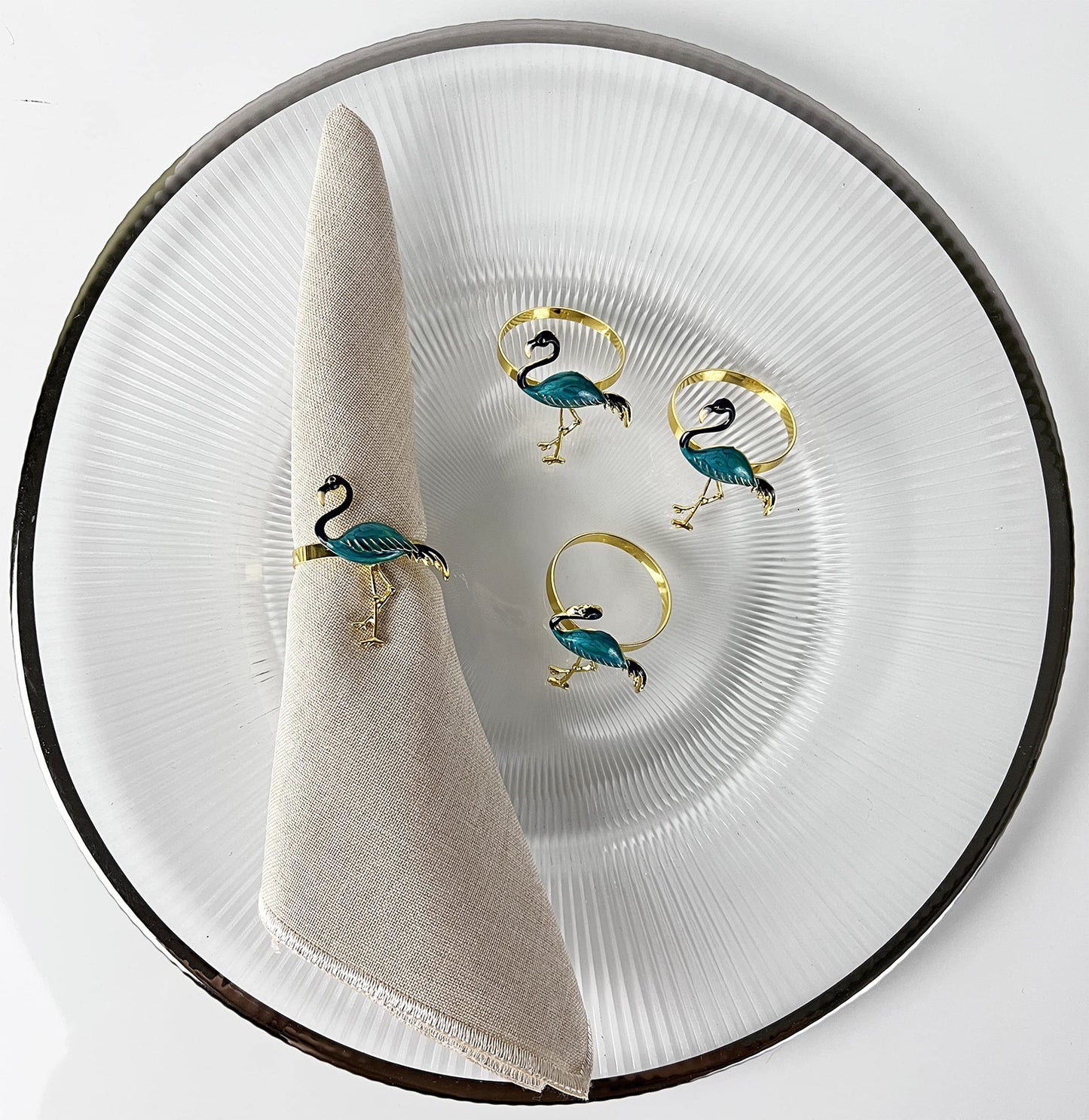 Fennco Styles Enamel Glazed Flamingo Metal Napkin Rings, Set of 4 - Beige Decorative Napkin Holders for Home, Dining Room, Banquets, Family Gatherings, Holidays and Special Occasions