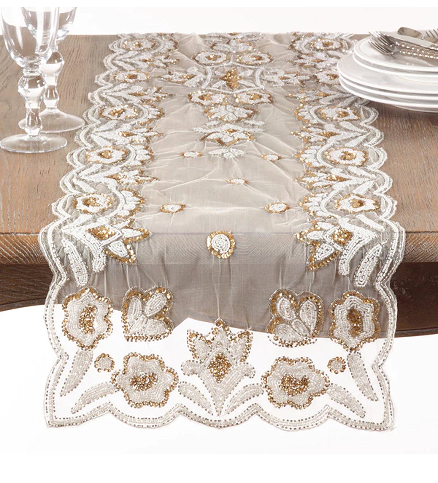 Fennco Styles Hand-Beaded Floral Table Runner - 16"x72" - 2 Colors