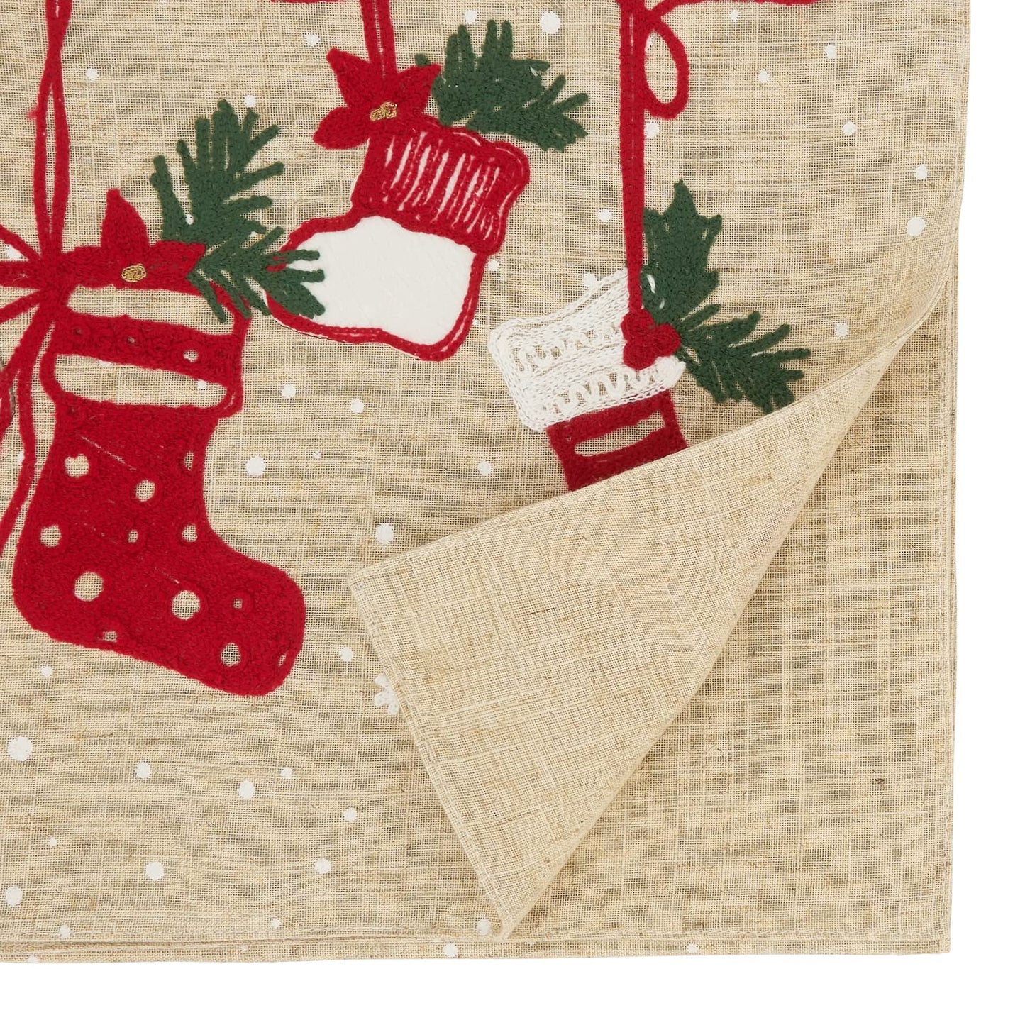 Fennco Styles Embroidered Christmas Stocking Table Runner 16" W x 70" L - Natural Festive Table Cover for Christmas Décor, Home, Banquet, Family Gathering, Holiday and Special Occasion