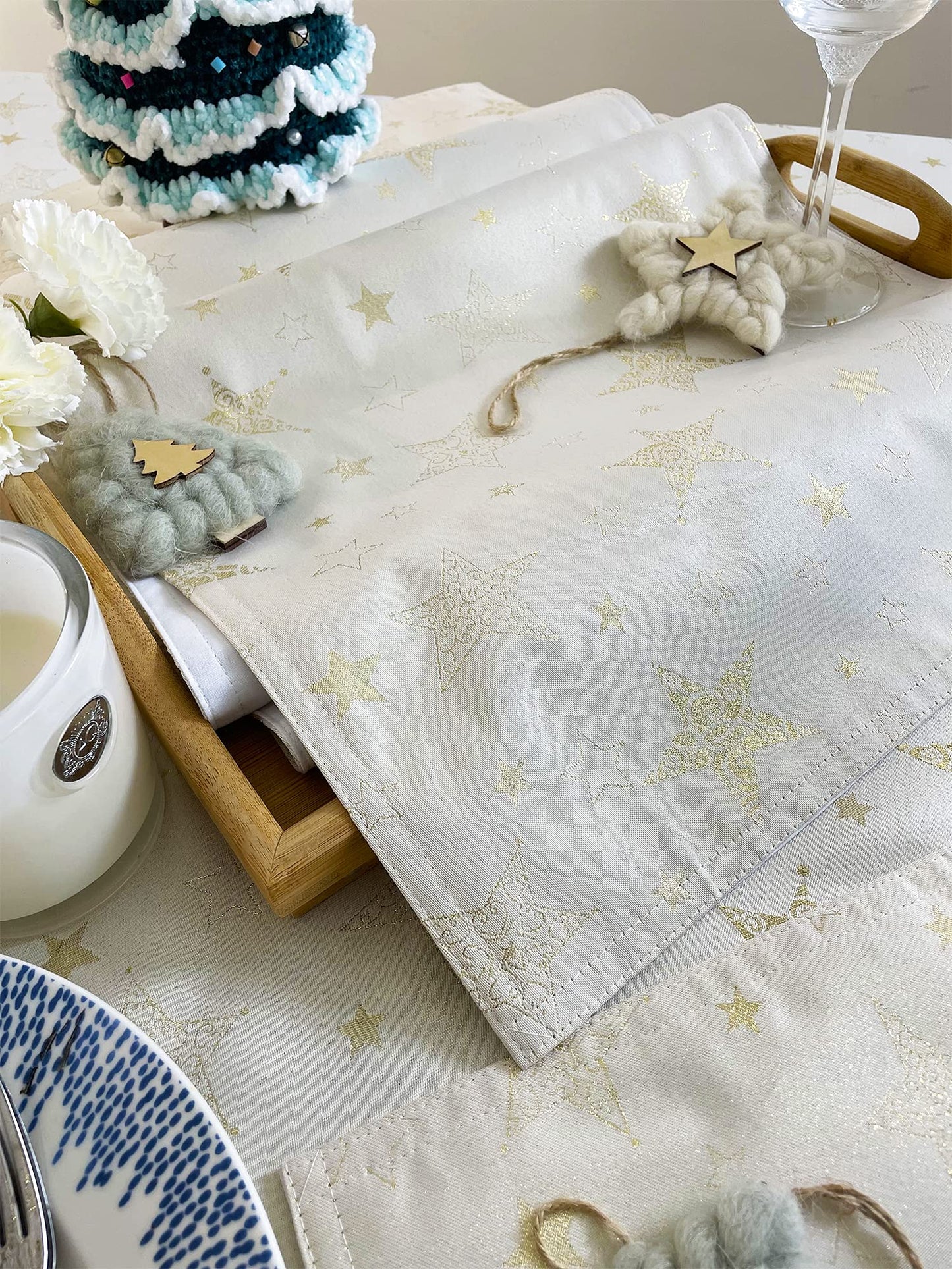 Fennco Styles Holiday Embroidered Metallic Star Tablecloth 70" W x 70" W - Ivory Woven Table Cover for Home Décor, Banquet, Family Gathering, Christmas, Special Occasion
