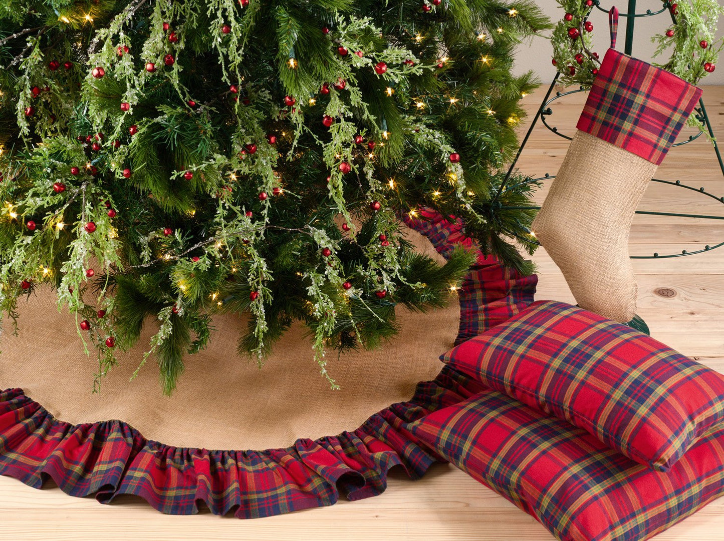Fennco Styles Glendora Collection Classic Plaid Design Ruffle Design Jute Christmas Tree Skirt