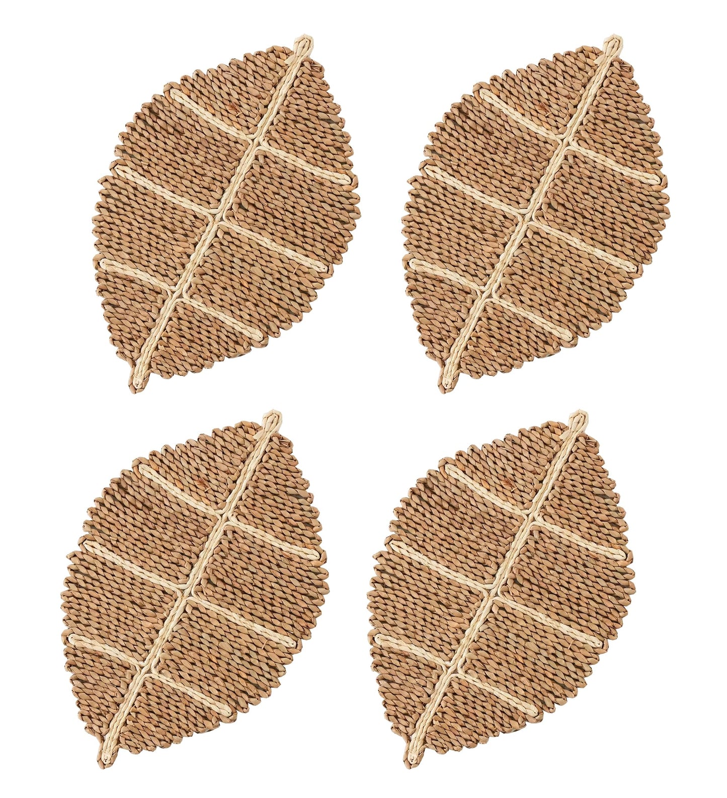 Fennco Styles Natural Corn Husk Leaf Shaped Placemats 13" W x 20" L, Set of 4 - Hand-Woven Table Mats Heat Resistant Insulation for Home, Boho Décor, Dining Table, Banquets, and Special Events