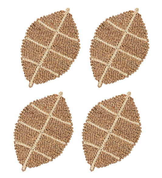 Fennco Styles Natural Corn Husk Leaf Shaped Placemats 13" W x 20" L, Set of 4 - Hand-Woven Table Mats Heat Resistant Insulation for Home, Boho Décor, Dining Table, Banquets, and Special Events