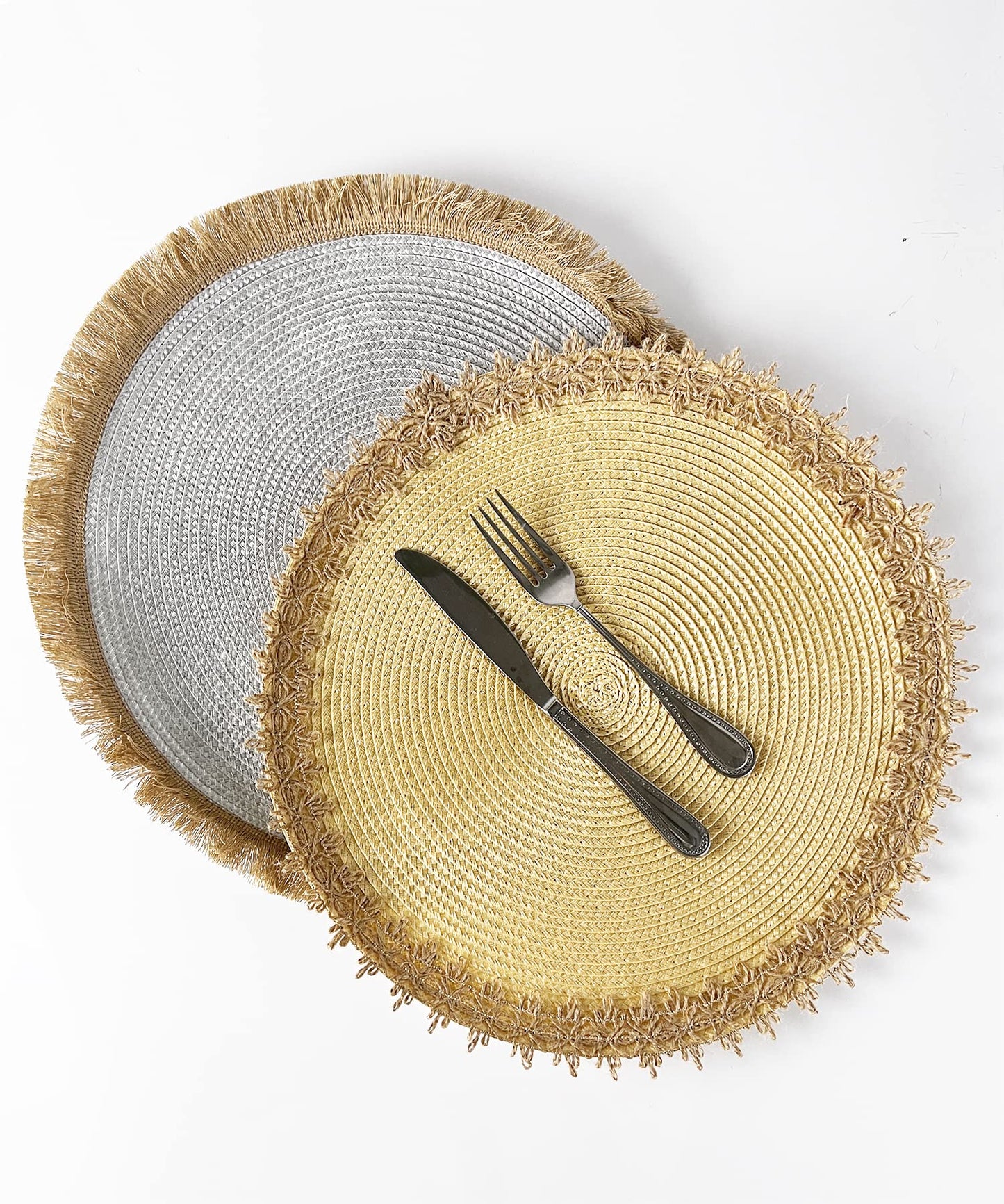 Fennco Styles Rustic Jute Border Handwoven Placemats 15" Round, Set of 4 - Natural Braided Table Mats for Home, Dining Room Décor, Banquets, Holidays, Family Gatherings and Special Occasion