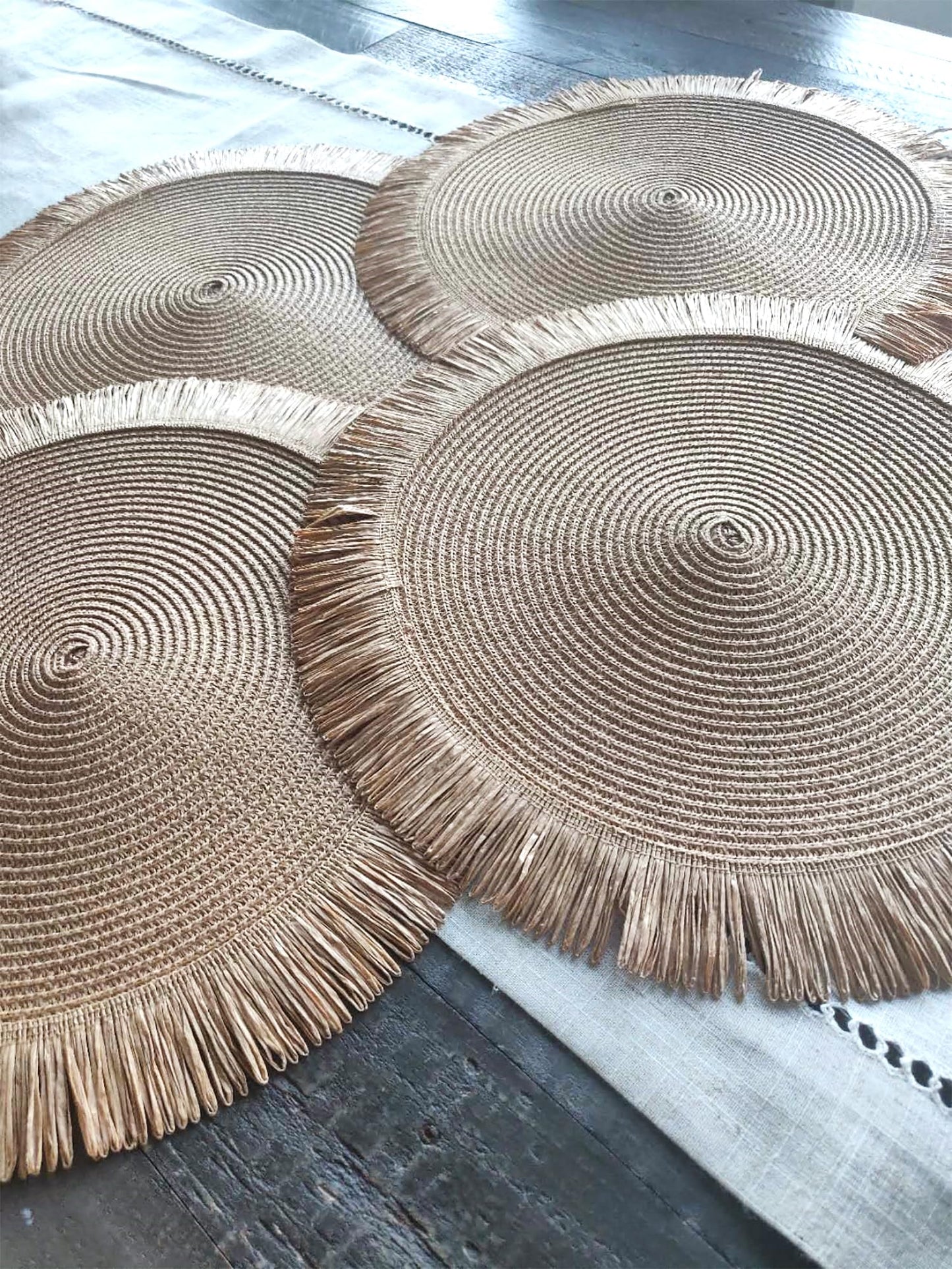 Fennco Styles Handwoven Fringe Boho Placemats 15" Round - Natural Braided Texture Table Mats for Home, Dining Room, Banquets, Family Gathering and Special Occasion