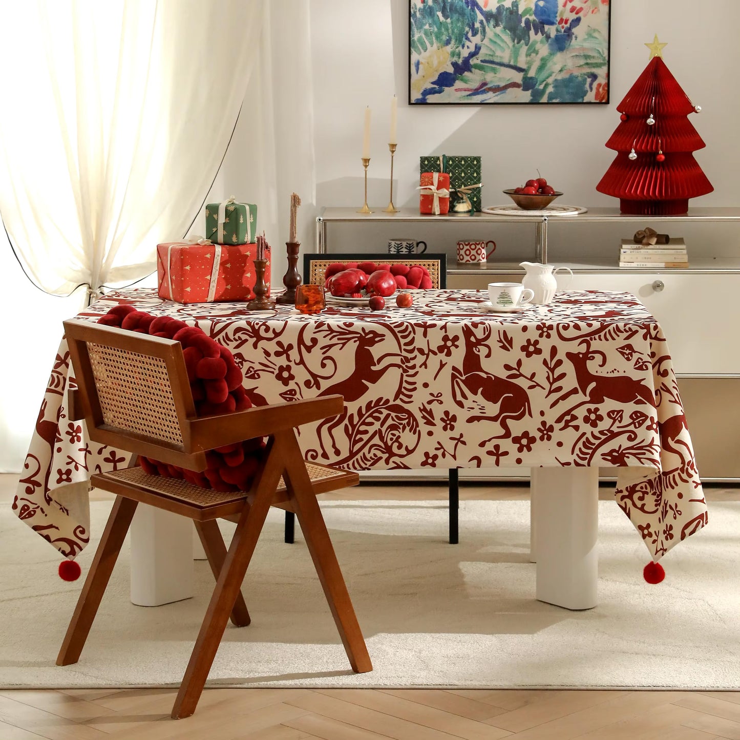 Fennco Styles Red Deer and Floral Pom Pom Christmas Tablecloth - Cotton Blend Festive Table Cover for Winter Holidays, Banquets, Family Gatherings and Special Occasions
