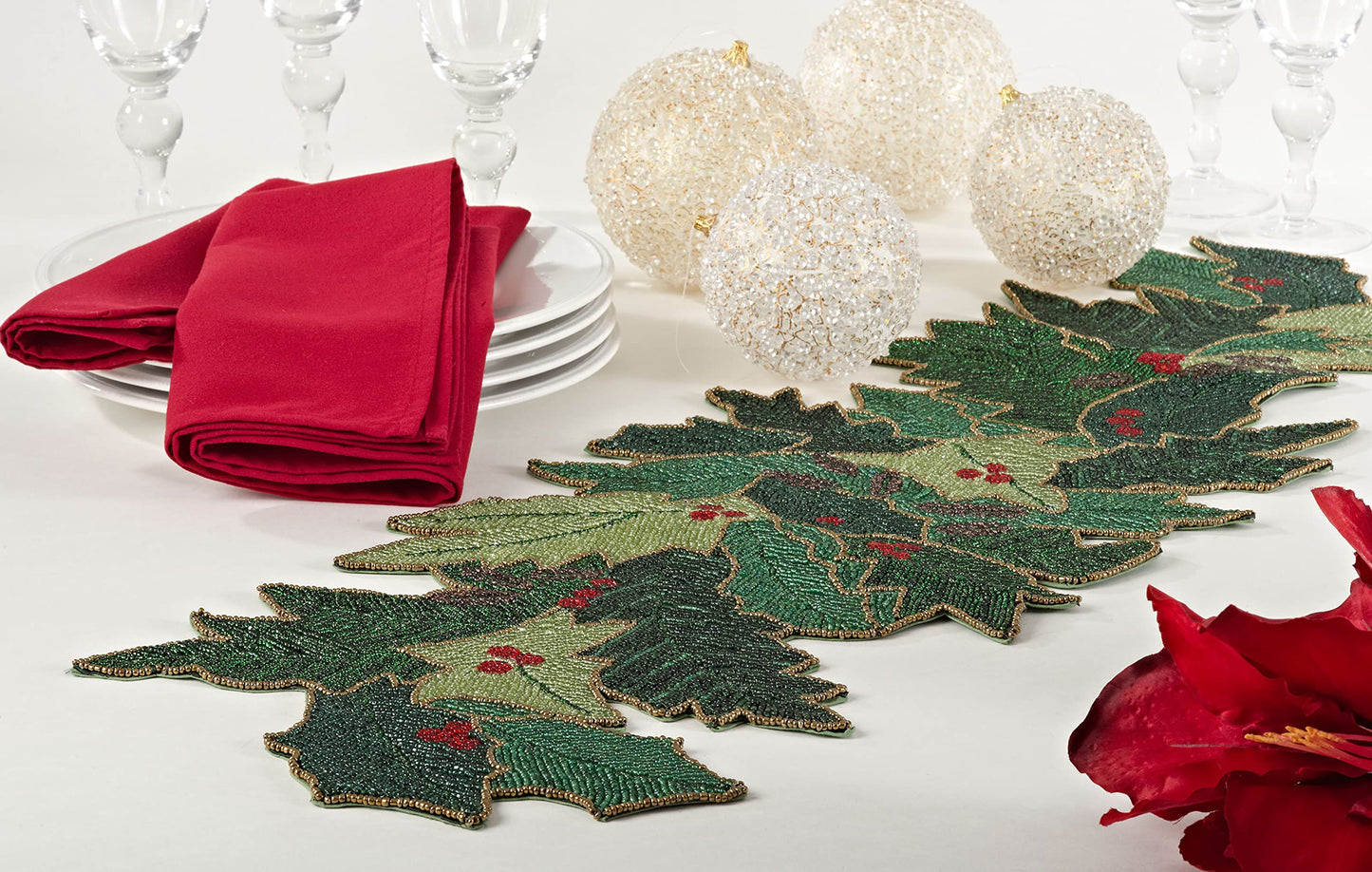 Fennco Styles Noel Hand Beaded Holiday Festive Holiday Table Runner 12" W x 36" L - Green Table Cover for Christmas, Home, Banquets, Family Gathering and Special Occasion