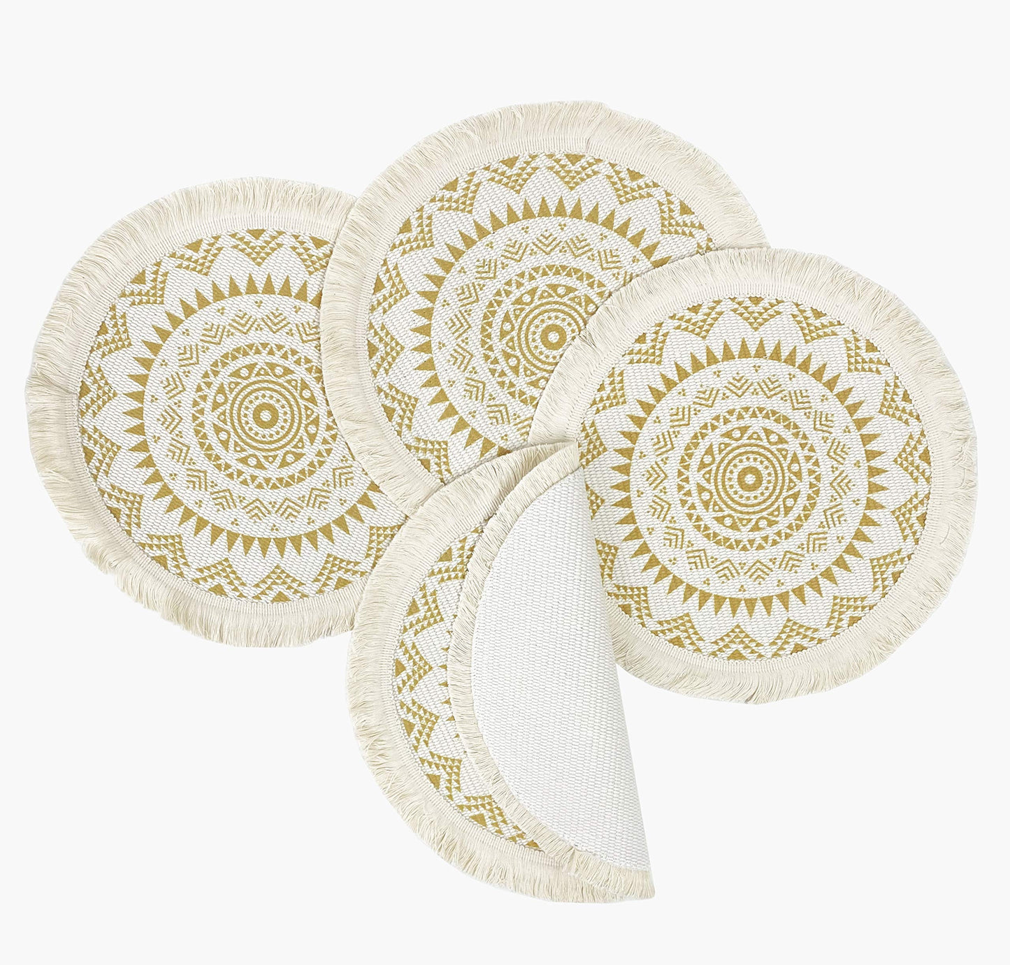Fennco Styles Boho Mandala Fringe Decorative Cotton Placemats 13-inch Round, Set of 4 - Grey Heat Resistant Insulation Table Mats for Home Decor, Dining Table, Banquets and Special Events