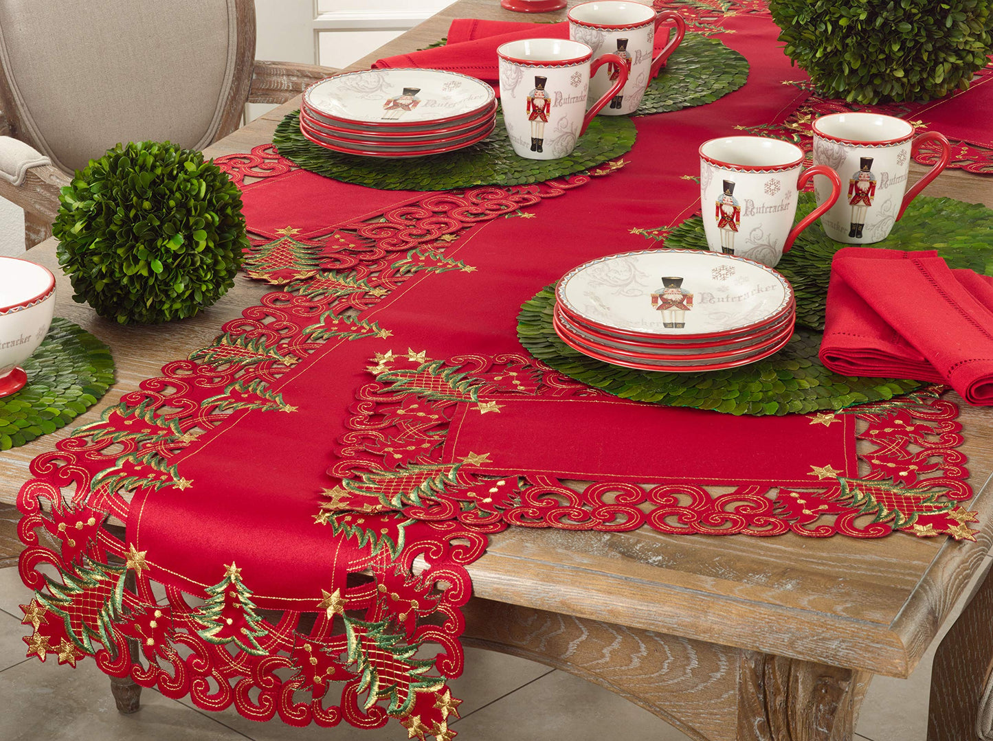 Fennco Styles Pandoro Collection Holiday Embroidered Christmas Tree Cutwork Border 16 x 108 Inch Table Runner – Red Table Runner for Christmas Dinner, Family Gathering, Special Events and Home Décor