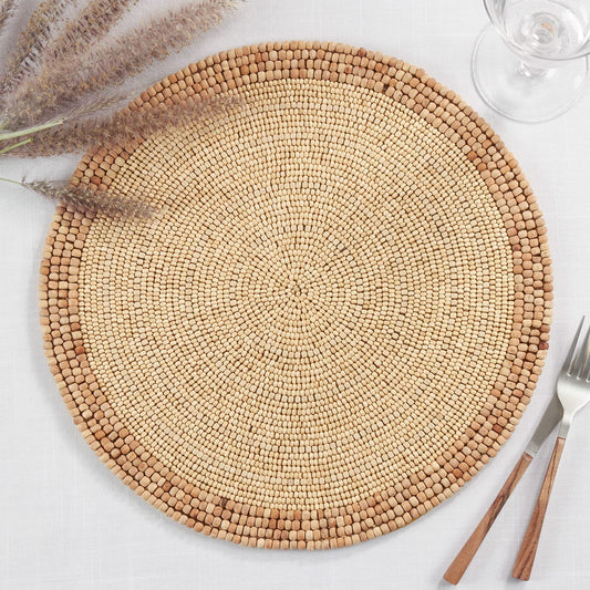 Fennco Styles Handmade Wooden Beaded Placemat 14" Round, 1- Piece - Natural Beads Table Mat for Home Décor, Family Gathering, Banquets, Everyday Use and Special Occasion