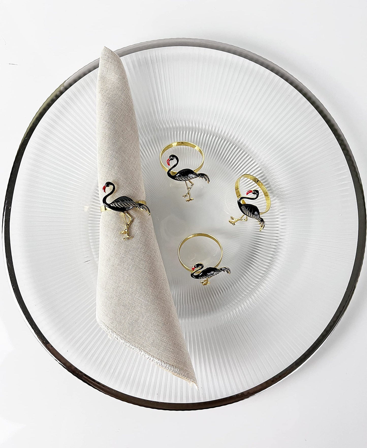 Fennco Styles Enamel Glazed Flamingo Metal Napkin Rings, Set of 4 - Beige Decorative Napkin Holders for Home, Dining Room, Banquets, Family Gatherings, Holidays and Special Occasions