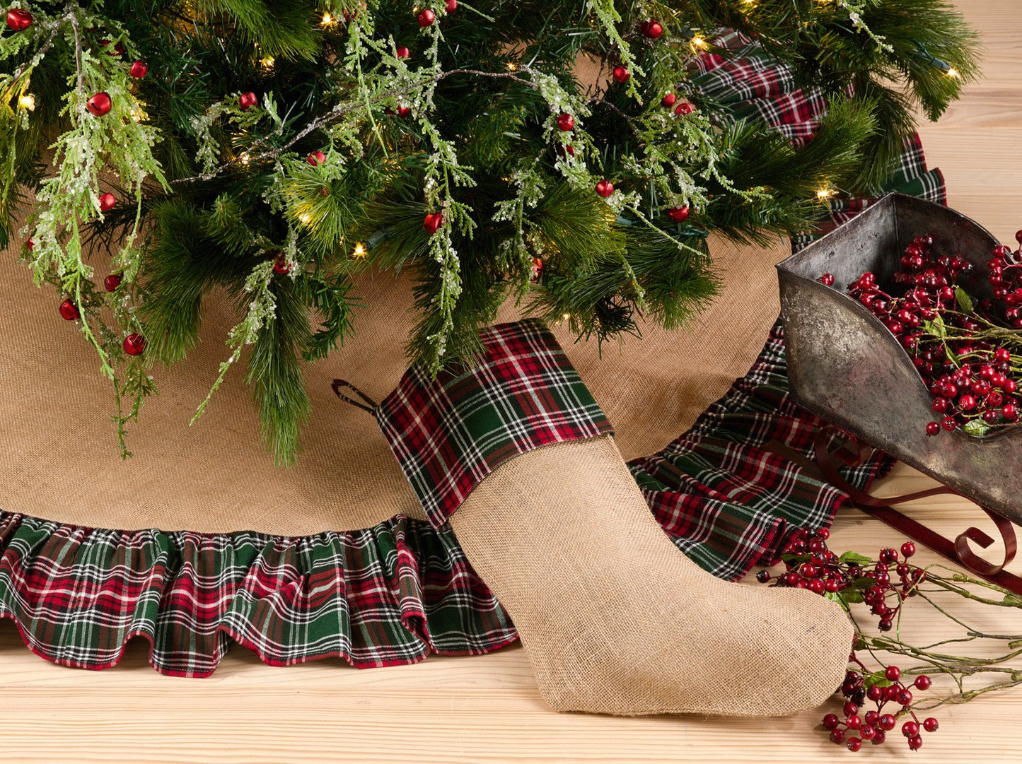 Fennco Styles Edinburgh Collection Holiday Plaid Ruffle Design Jute Christmas Stocking