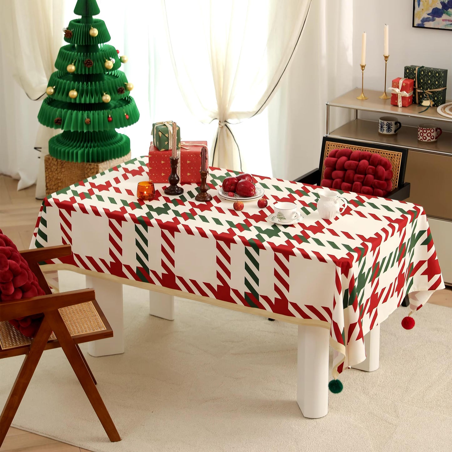 Fennco Styles Red and Green Holiday Plaid Pom Pom Christmas Tablecloth - Cotton Blend Festive Table Cover for Winter Holidays, Banquets, Family Gatherings and Special Occasions