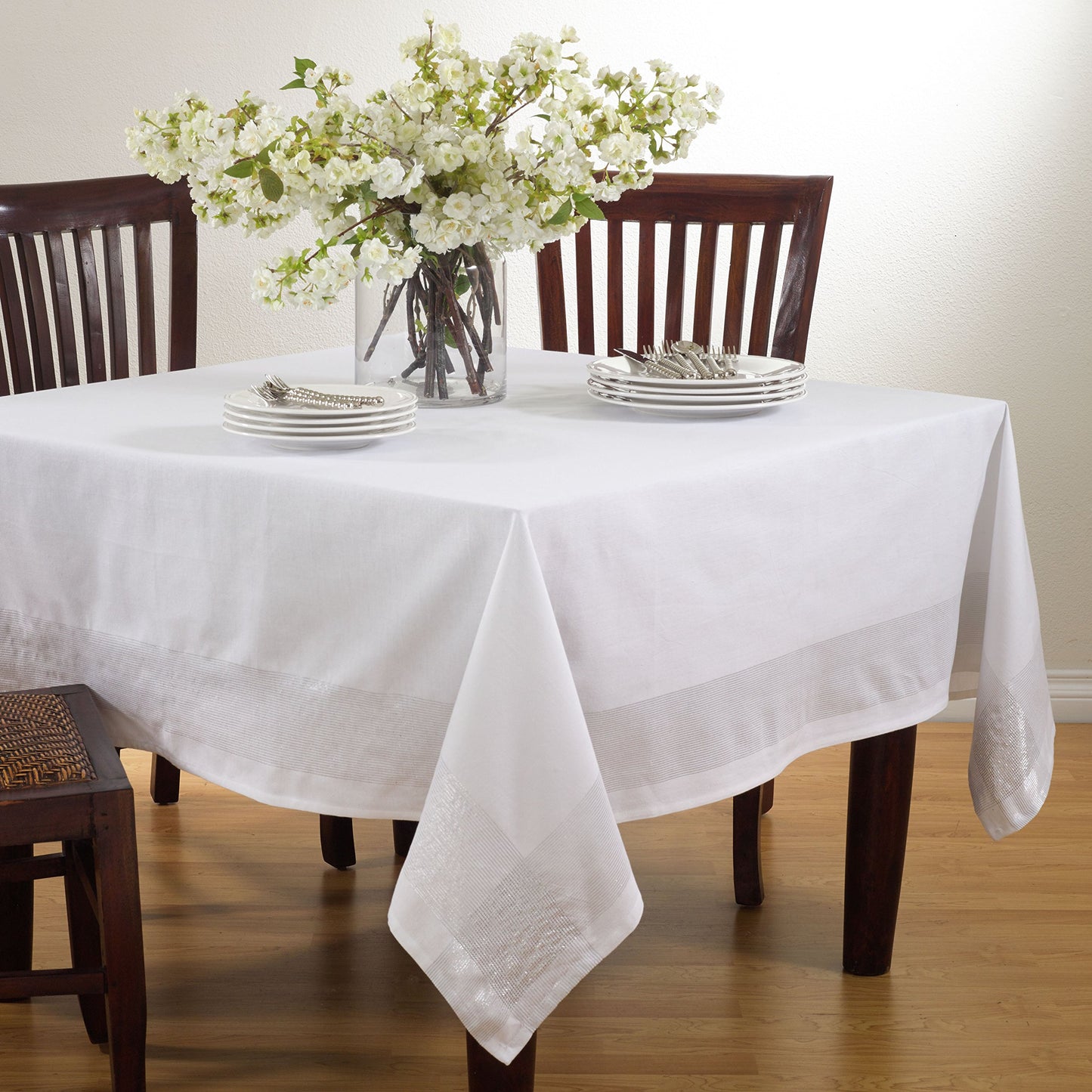 Fennco Styles Splendid Shimmering Striped Tablecloth - White Table Cover for Home Everyday Use, Banquets, Family Gathering and Special Events