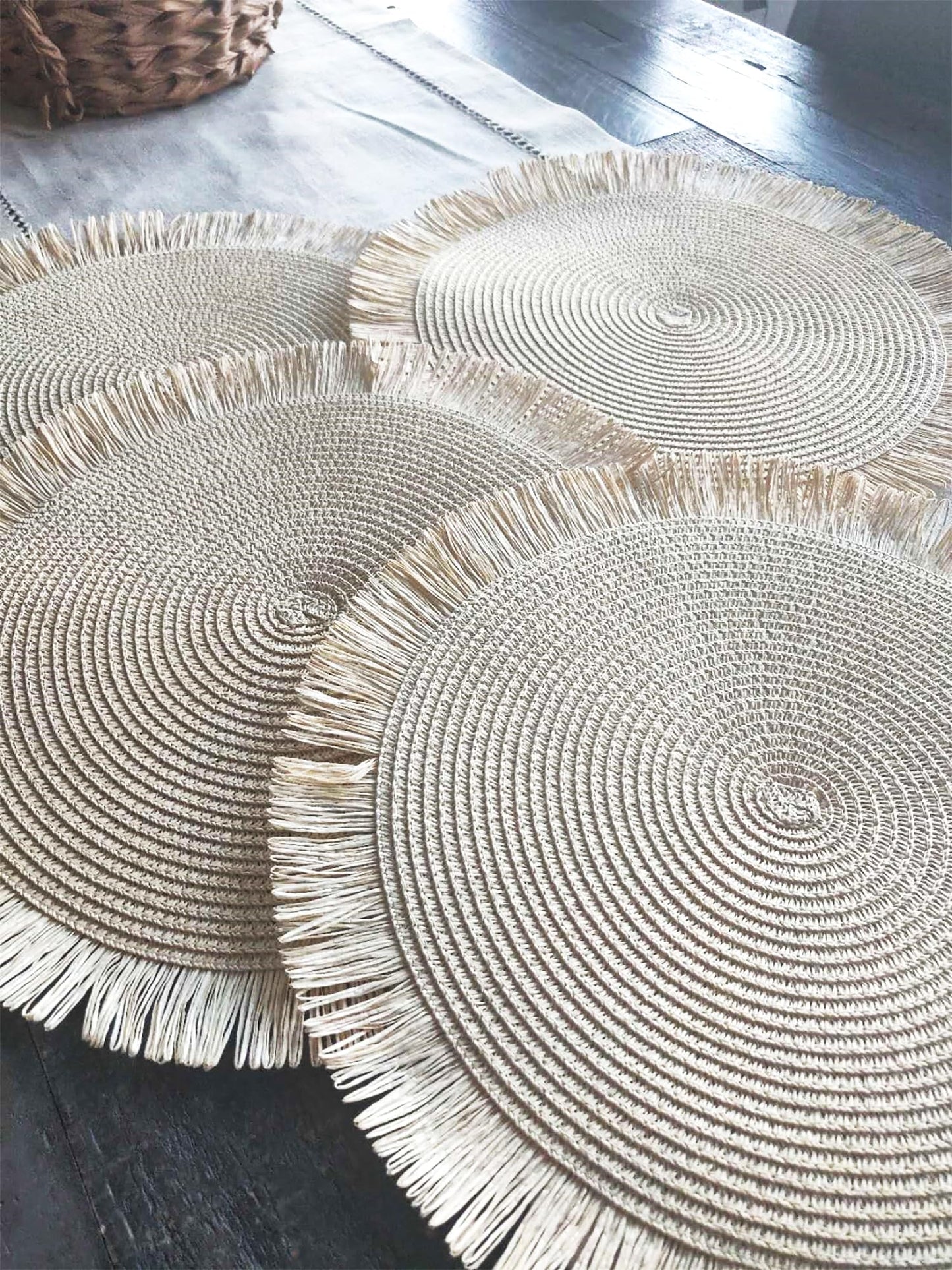 Fennco Styles Handwoven Fringe Boho Placemats 15" Round - Natural Braided Texture Table Mats for Home, Dining Room, Banquets, Family Gathering and Special Occasion