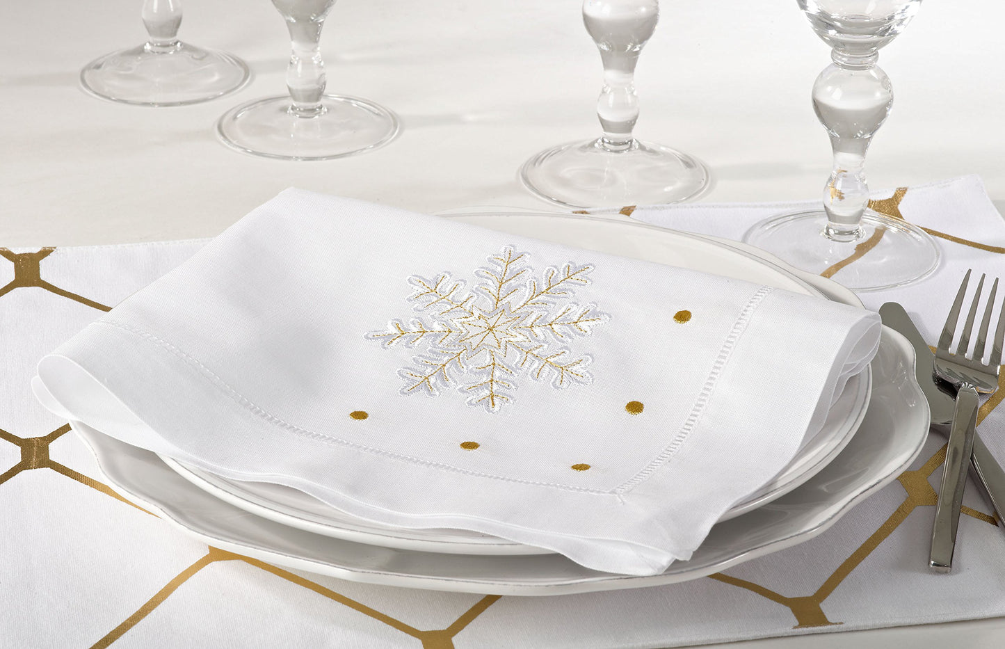 Fennco Styles Christmas Towel Embroidered and Hemstitched Snowflake Christmas Design Napkin - 20" Square - Sold of 4