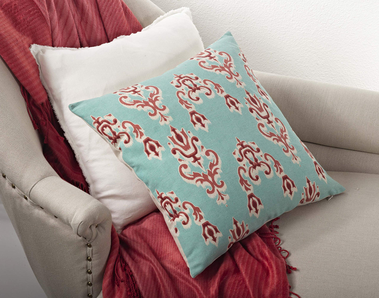 Fennco Styles Sardinia Collection Bohemian Ikat Linen Blend 20 x 20 Inch Throw Pillow with Case & Insert – Duck Egg Blue Home Decorative Pillow for Couch, Bedroom and Living Room Décor