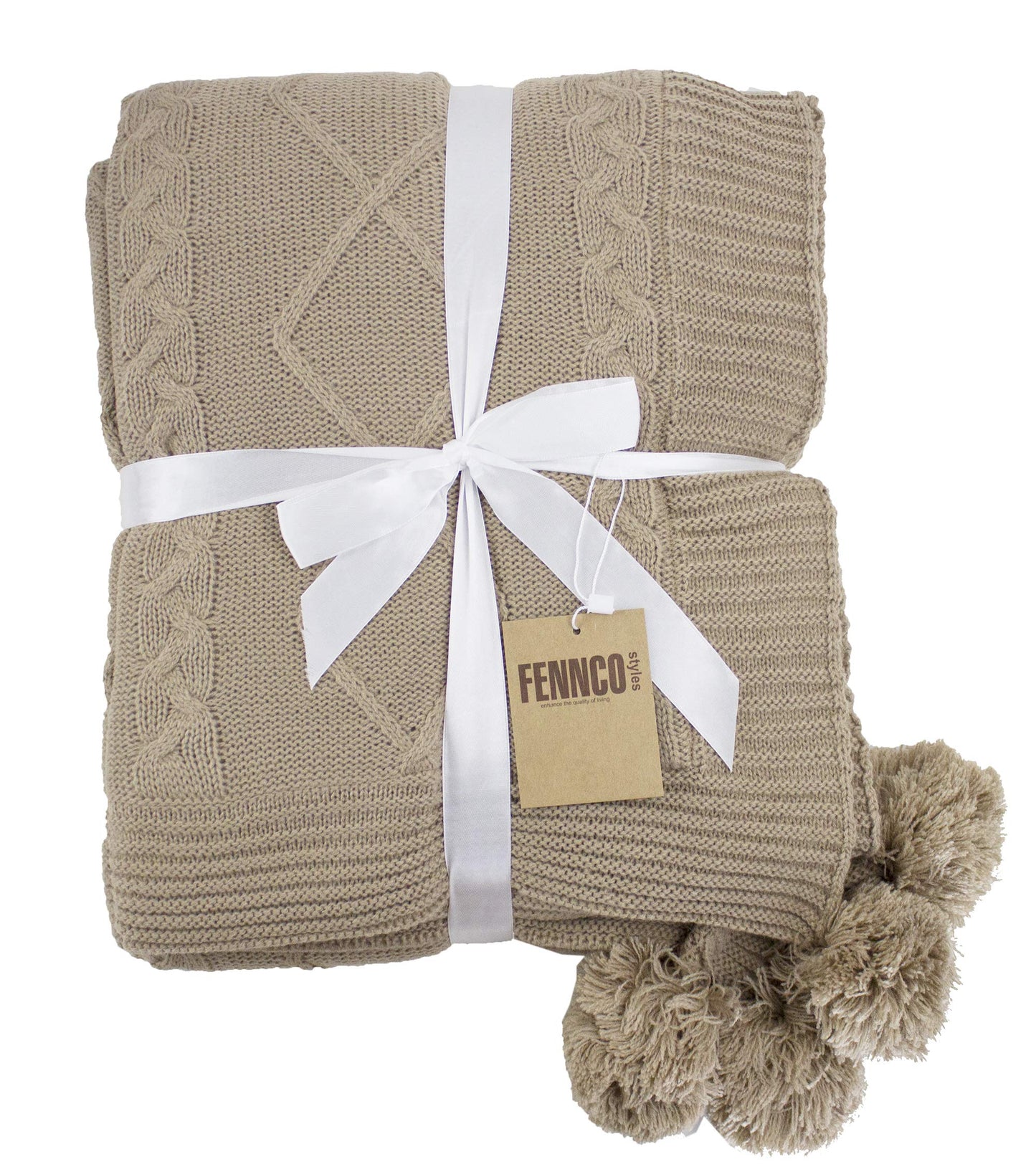 Fennco Styles Luxe Faux Fur Cable Knit Reversible Pom Pom Cozy Throw Blanket, 50" x 60" (Taupe)