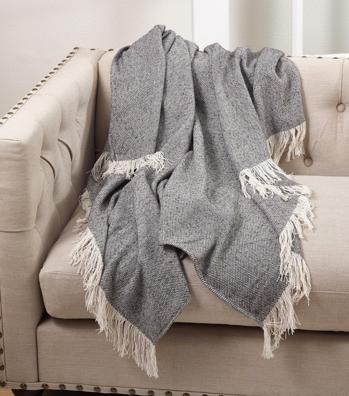 Fennco Styles Grey Herringbone Tassel Design Throw Blanket 50" W x 60" L