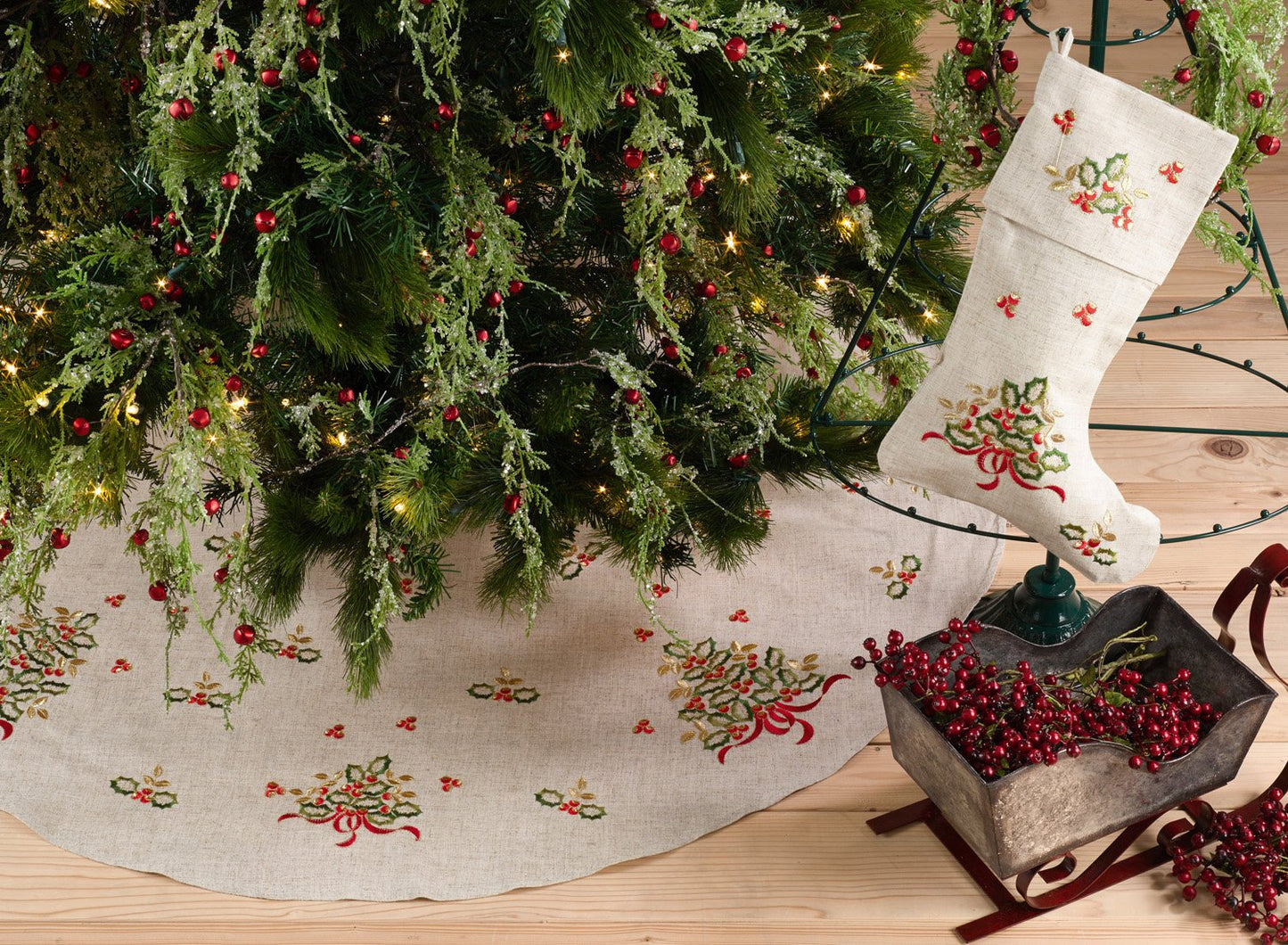 Fennco Styles Embroidered Holly Design Decorative Linen Blend Christmas Tree Skirt and Stocking