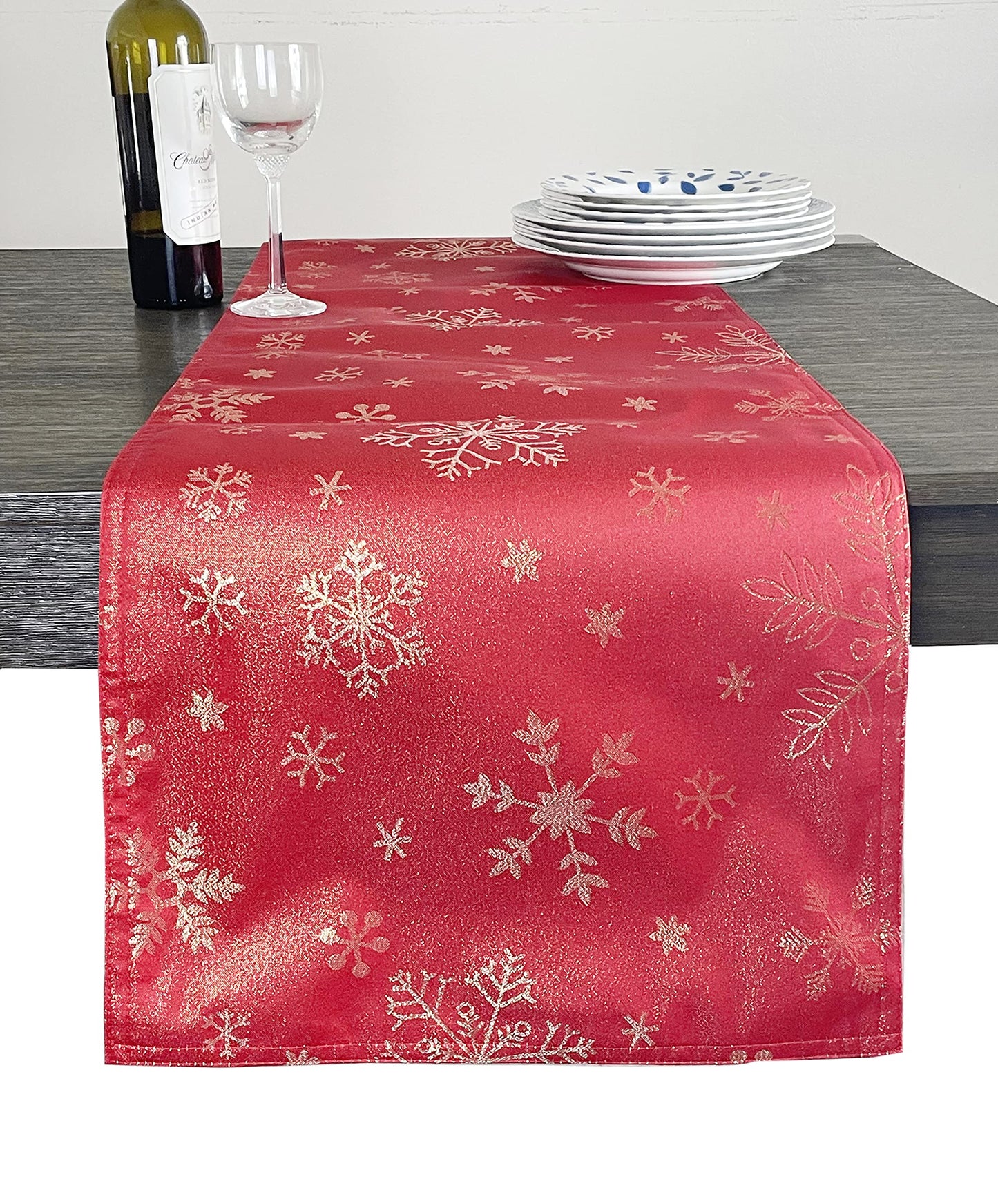 Fennco Styles Holiday Foil Print Snowflake Table Runner 16" W x 54" L - Red Woven Table Cover for Home Décor, Banquet, Family Gathering, Christmas, Special Occasion