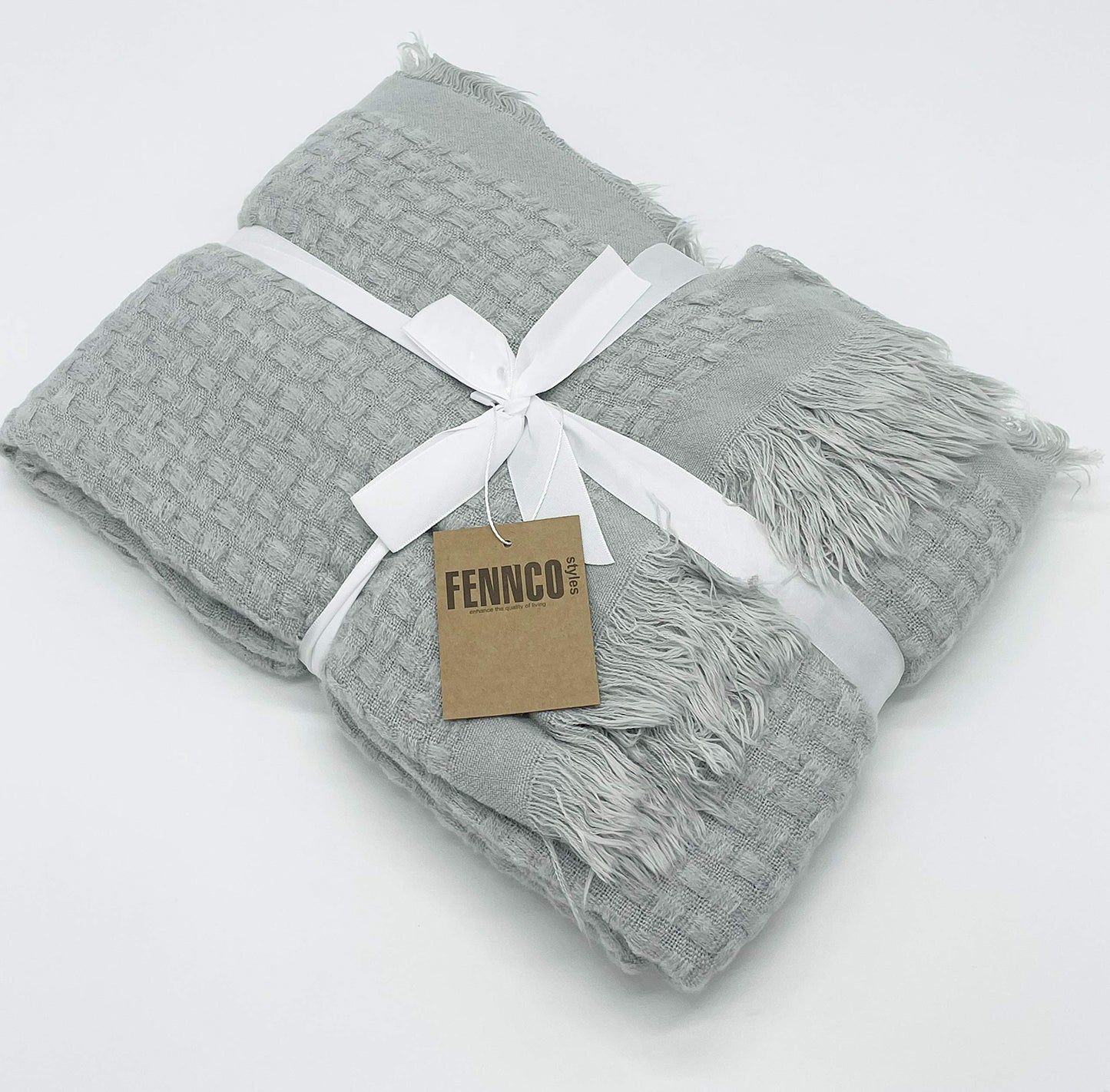 Fennco Styles Waffle Weave Solid Lightweight Throw Blanket with Fringe 50" W x 60" L - Slate Blanket for Sofa, Couch, Living Room and Bedroom Décor