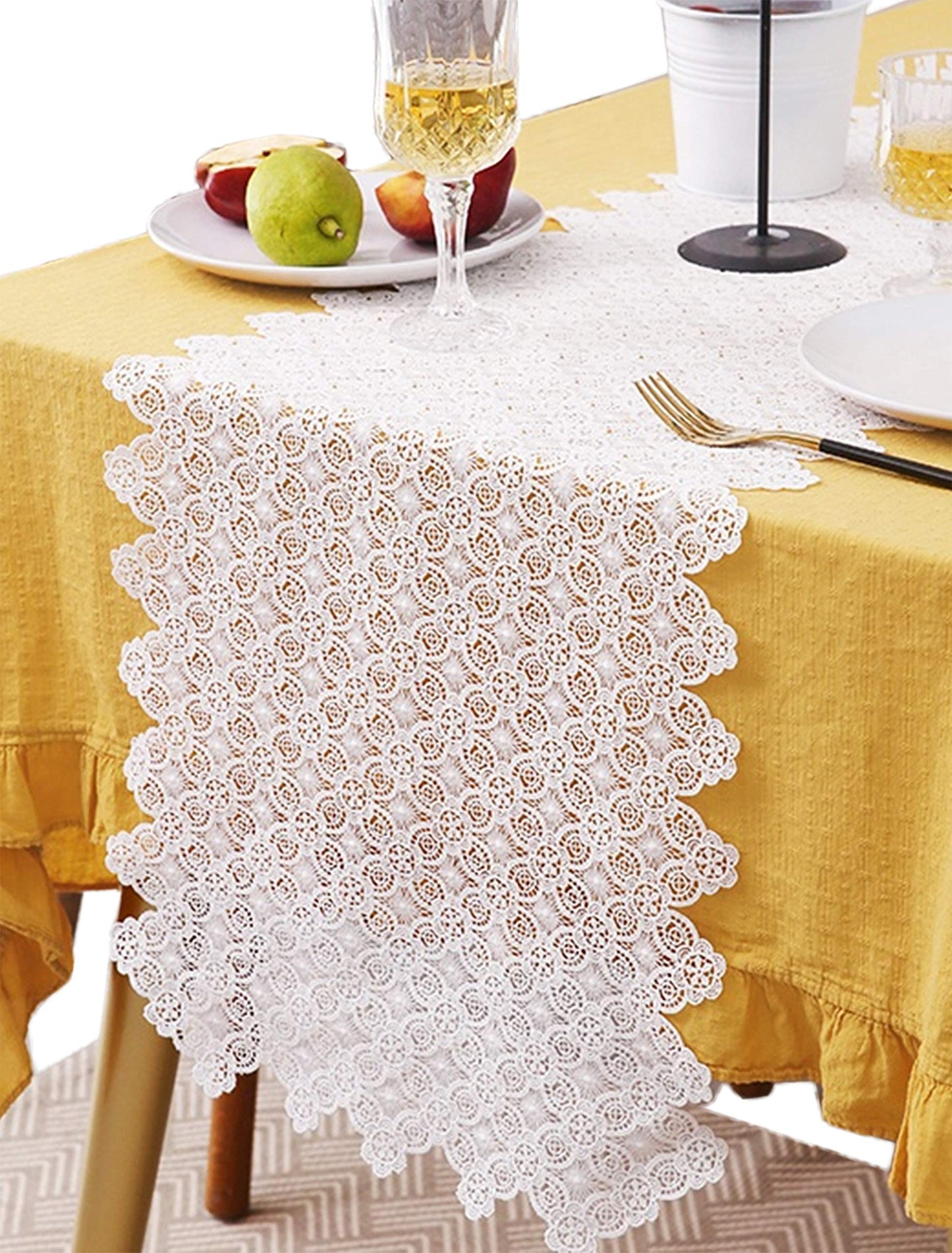 Fennco Styles Embroidered Floral Hollow Lace Table Runner 14" W x 71" L - White Table Cover for Home, Dining Table Decor, Banquet, Wedding and Special Event