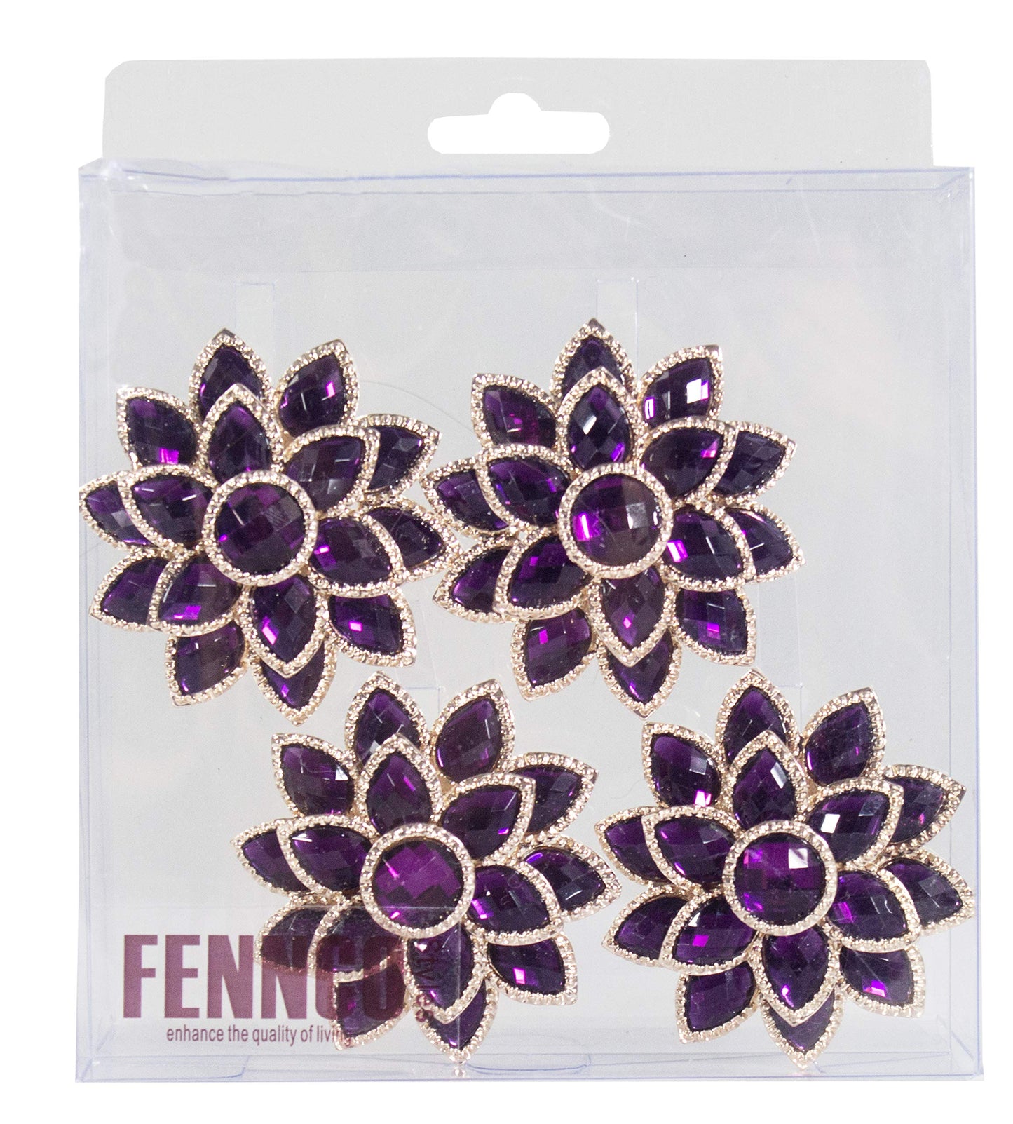 Fennco Styles Rhinestone Crystal Flower Napkin Rings Wedding Holiday Table Decoration - Set of 4