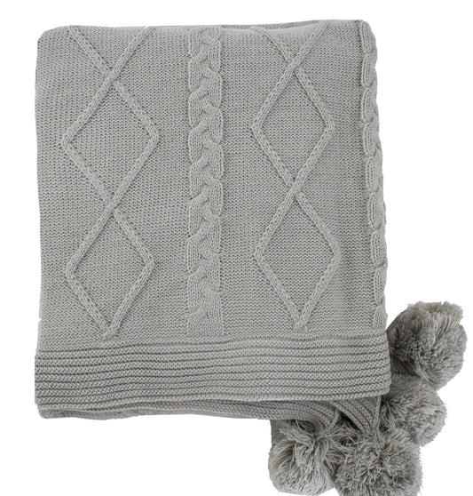 Fennco Styles Luxe Faux Fur Cable Knit Reversible Pom Pom Cozy Throw Blanket, 50" x 60" (Grey)