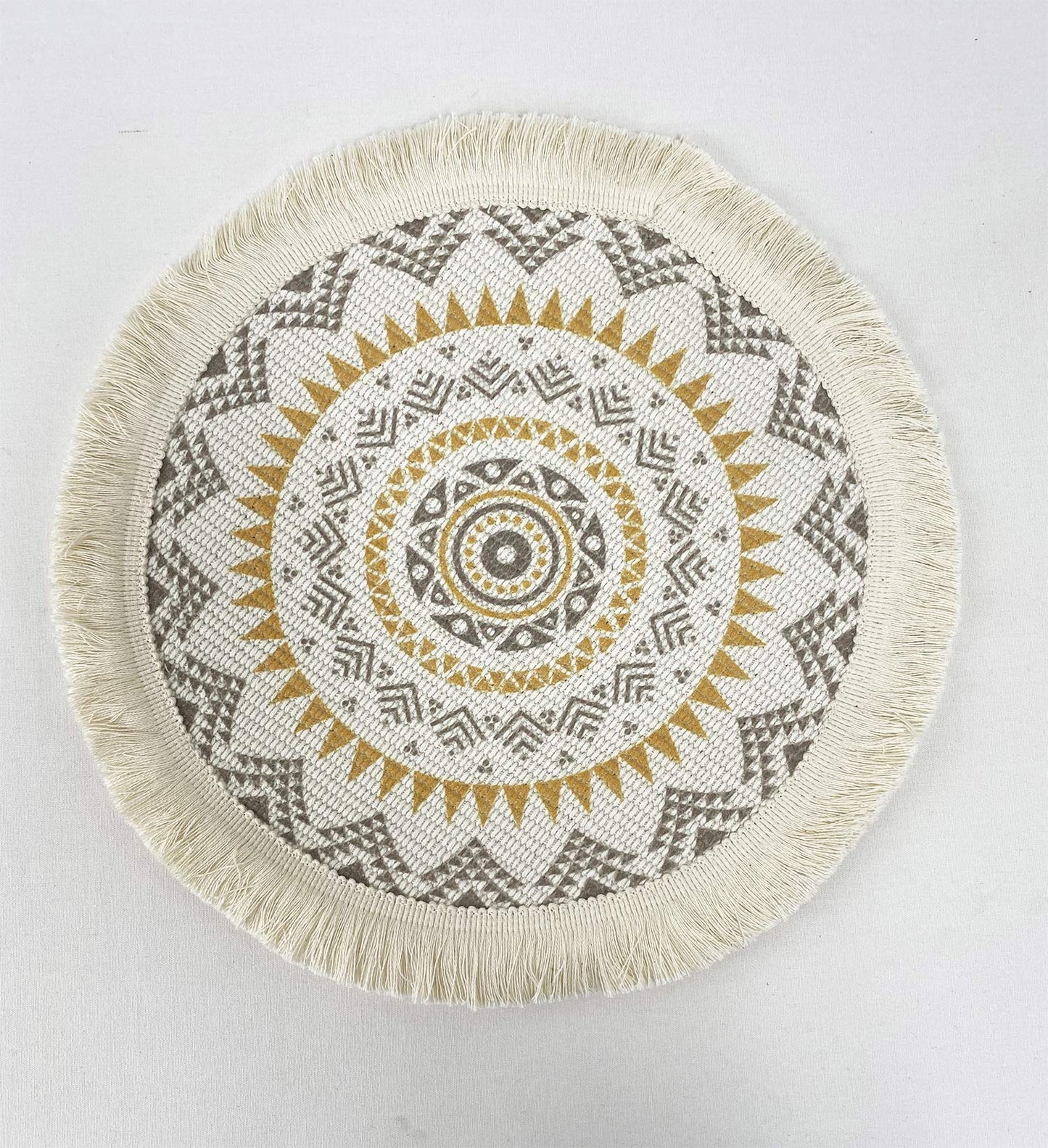Fennco Styles Boho Mandala Fringe Decorative Cotton Placemats 13-inch Round, Set of 4 - Grey Heat Resistant Insulation Table Mats for Home Decor, Dining Table, Banquets and Special Events
