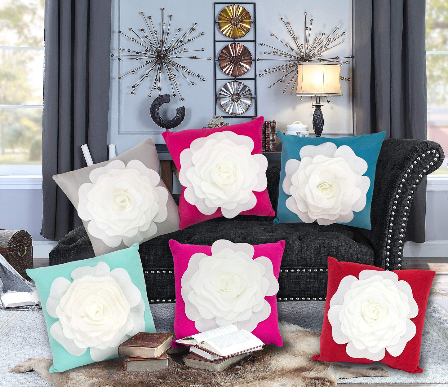 Fennco Styles Large Felt 3D Rose Decorative Throw Pillow 17 x 17 Inch - Flower Pillow for Couch, Home Décor, Bedroom Décor and Holiday, Housewarming Gift