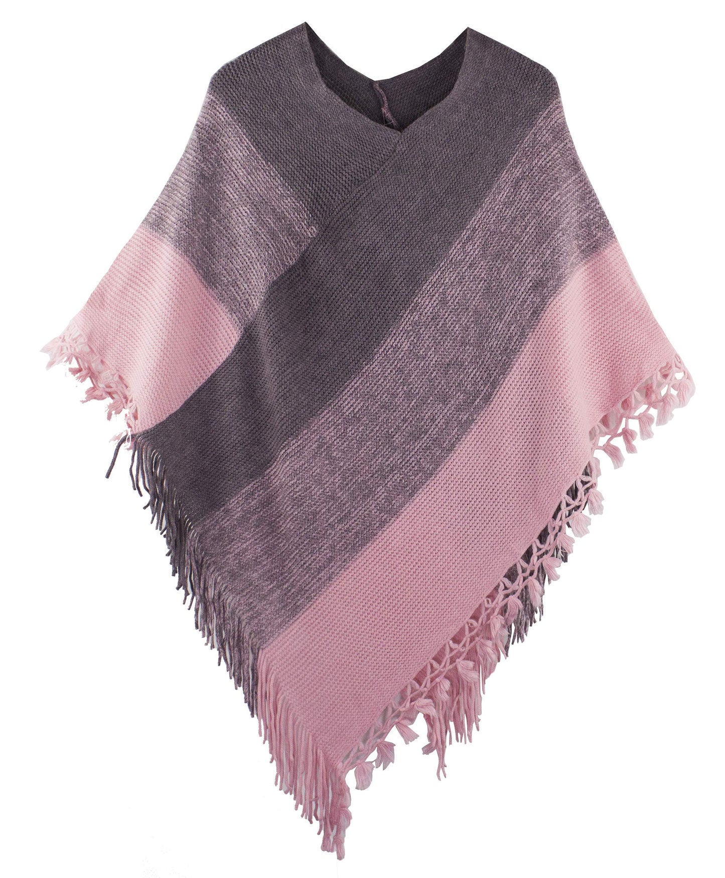 stylesilove Women Color Block Fringe Tassel Poncho Sweater Pullover Cardigan Wrap Topper for Warm Seasons