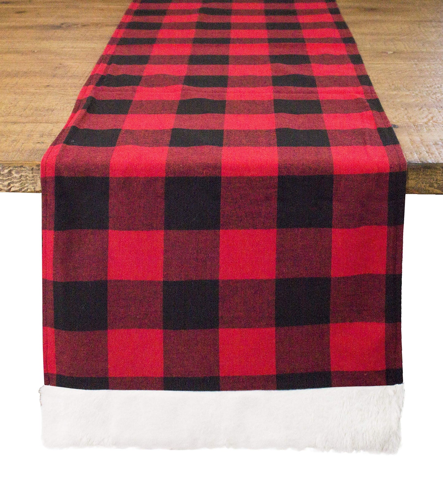 Fennco Styles Holiday Buffalo Plaid Red and Black with White Faux Fur Border Design Table Runner 16" W x 72" L