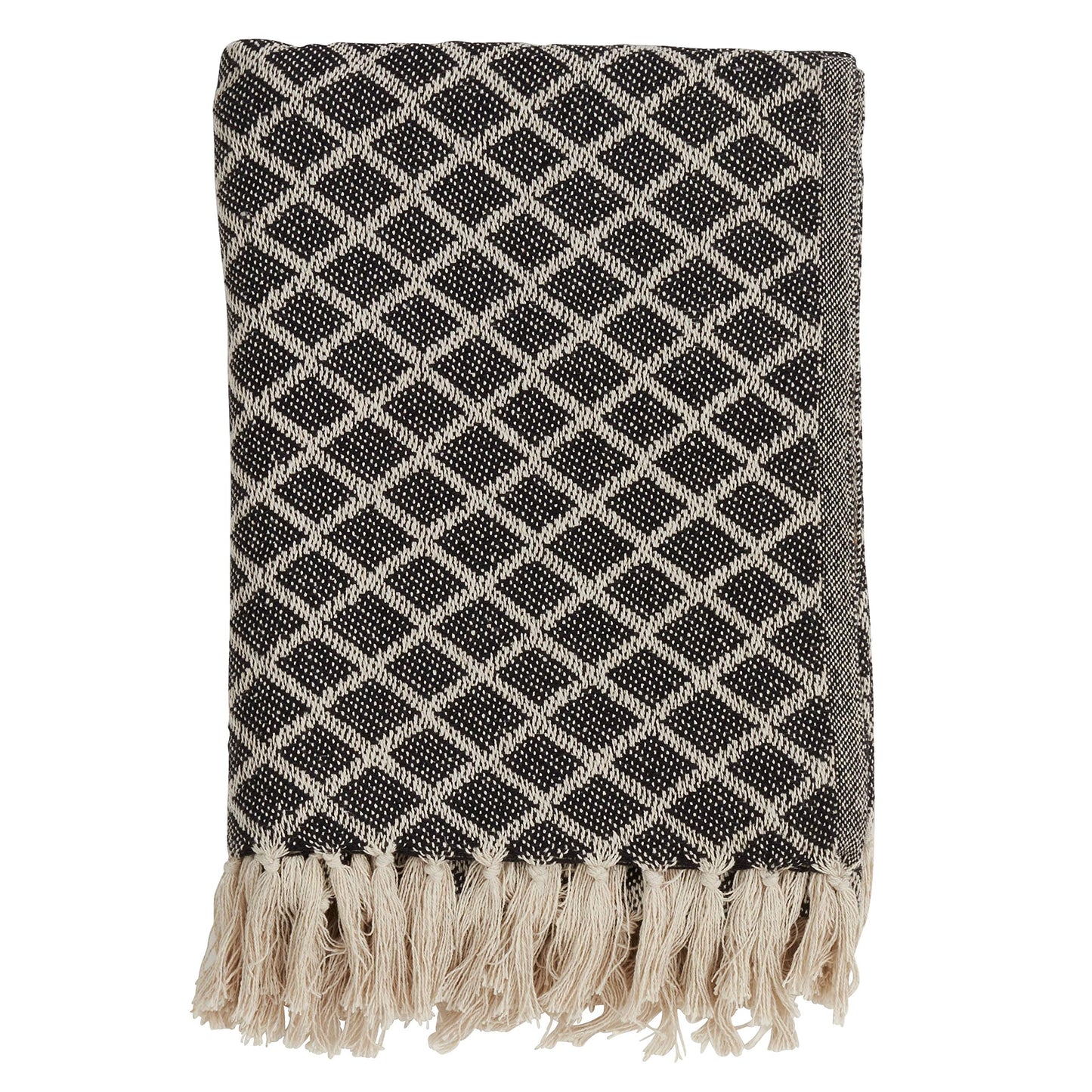 Fennco Styles Diamond Two-Tone Tassel 100% Cotton Woven Soft Throw Blanket, 50" x 60", Black