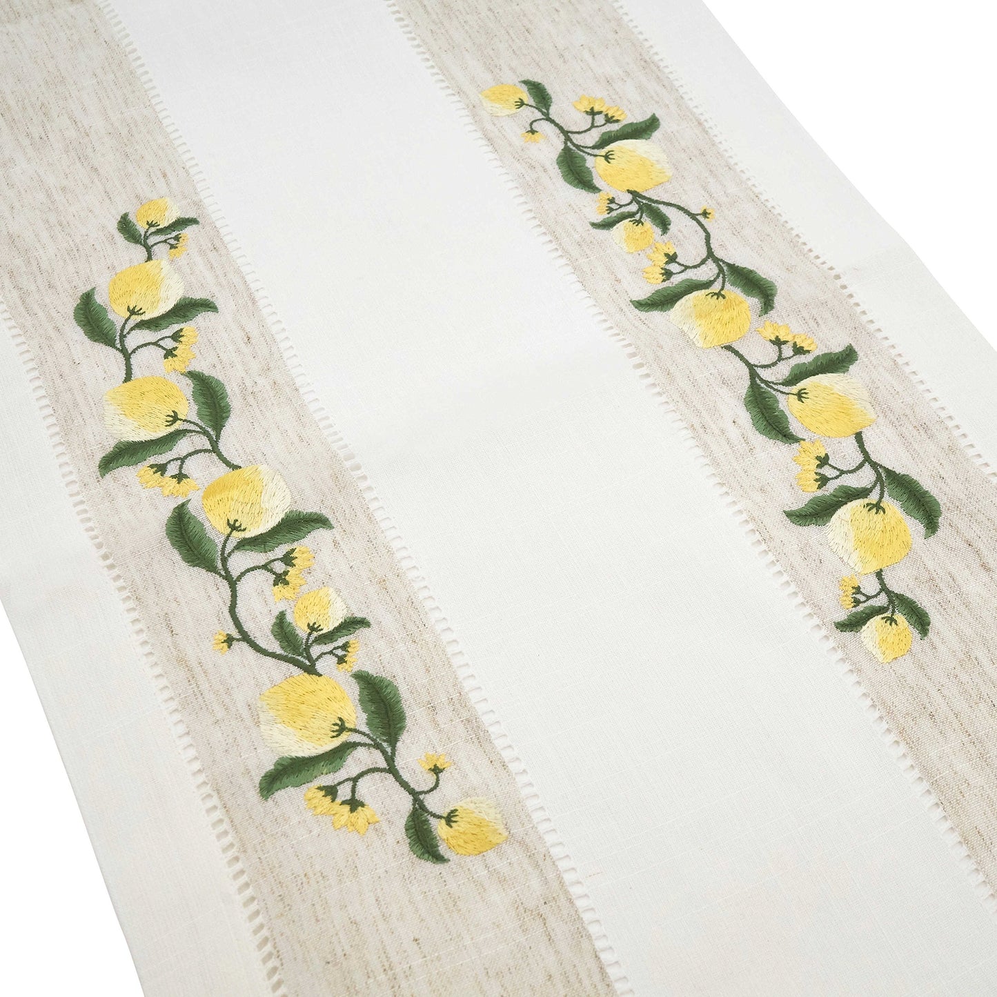 Fennco Styles Hommage Brodé Collection Cottage Lemon Embroidery Border Hemstitch Table Runner 15 x 70 Inch – Ivory Table Cover for Wedding, Banquet, Tea Party and Home Décor
