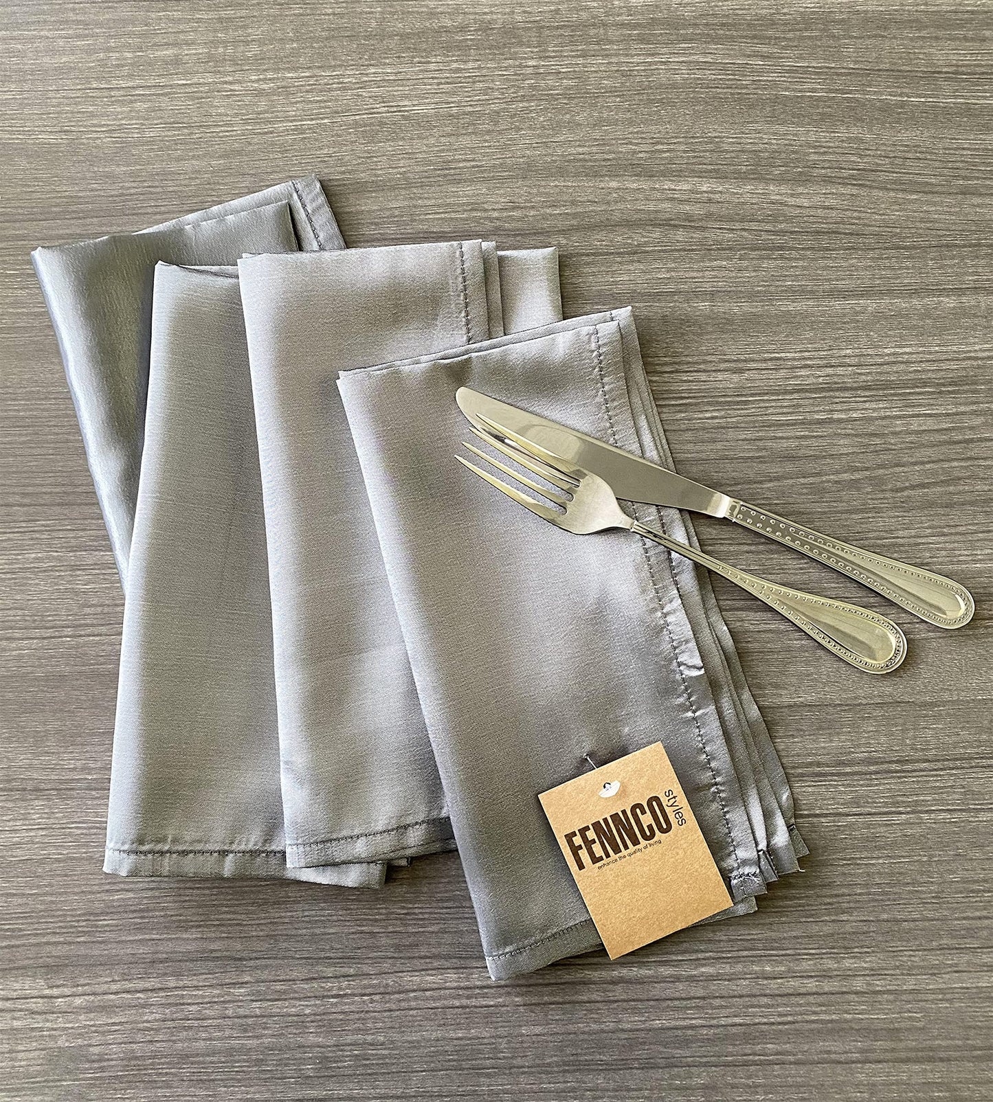 Fennco Styles Silver Satin Cloth Napkins 20" W x 20" L, Set of 4 - Solid Color Dinner Napkins for Wedding, Banquets, Special Events, Holiday and Christmas Décor