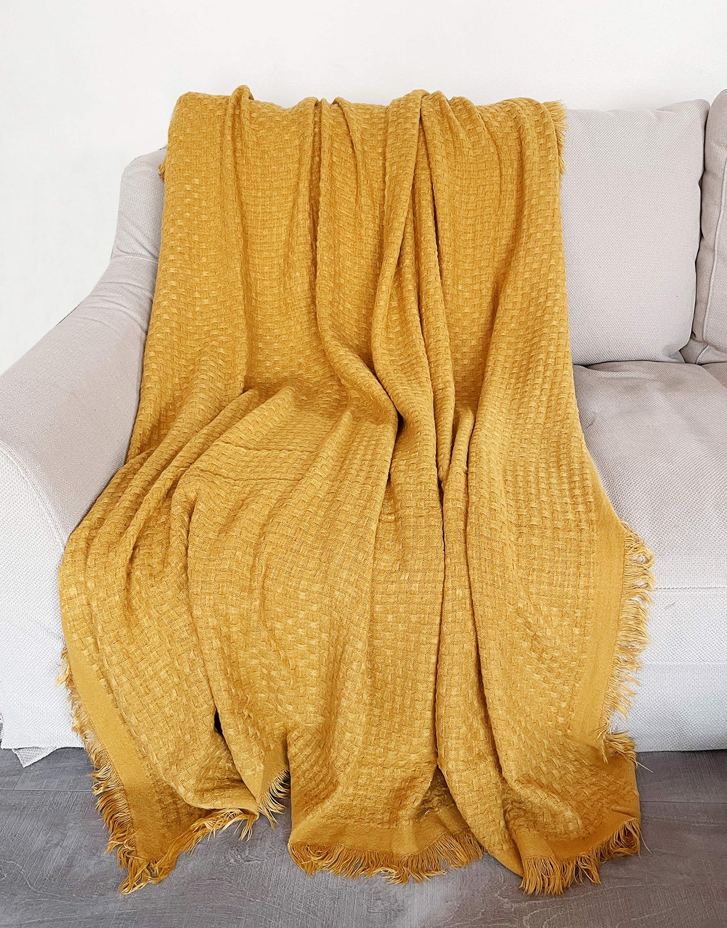 Fennco Styles Waffle Weave Solid Lightweight Throw Blanket with Fringe 50" W x 60" L - Slate Blanket for Sofa, Couch, Living Room and Bedroom Décor