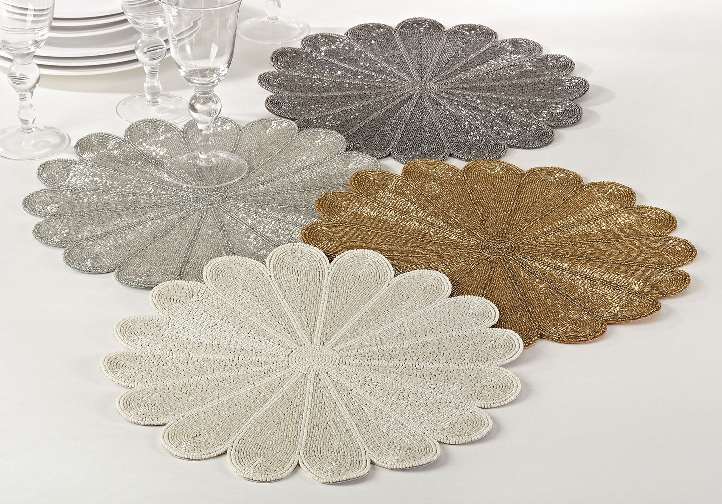 Fennco Styles Flower Design Handmade Beaded 15-inch Round Placemat - 1-Piece - Elegant Table Mat for Banquets, Family Gathering, Special Events and Home Décor