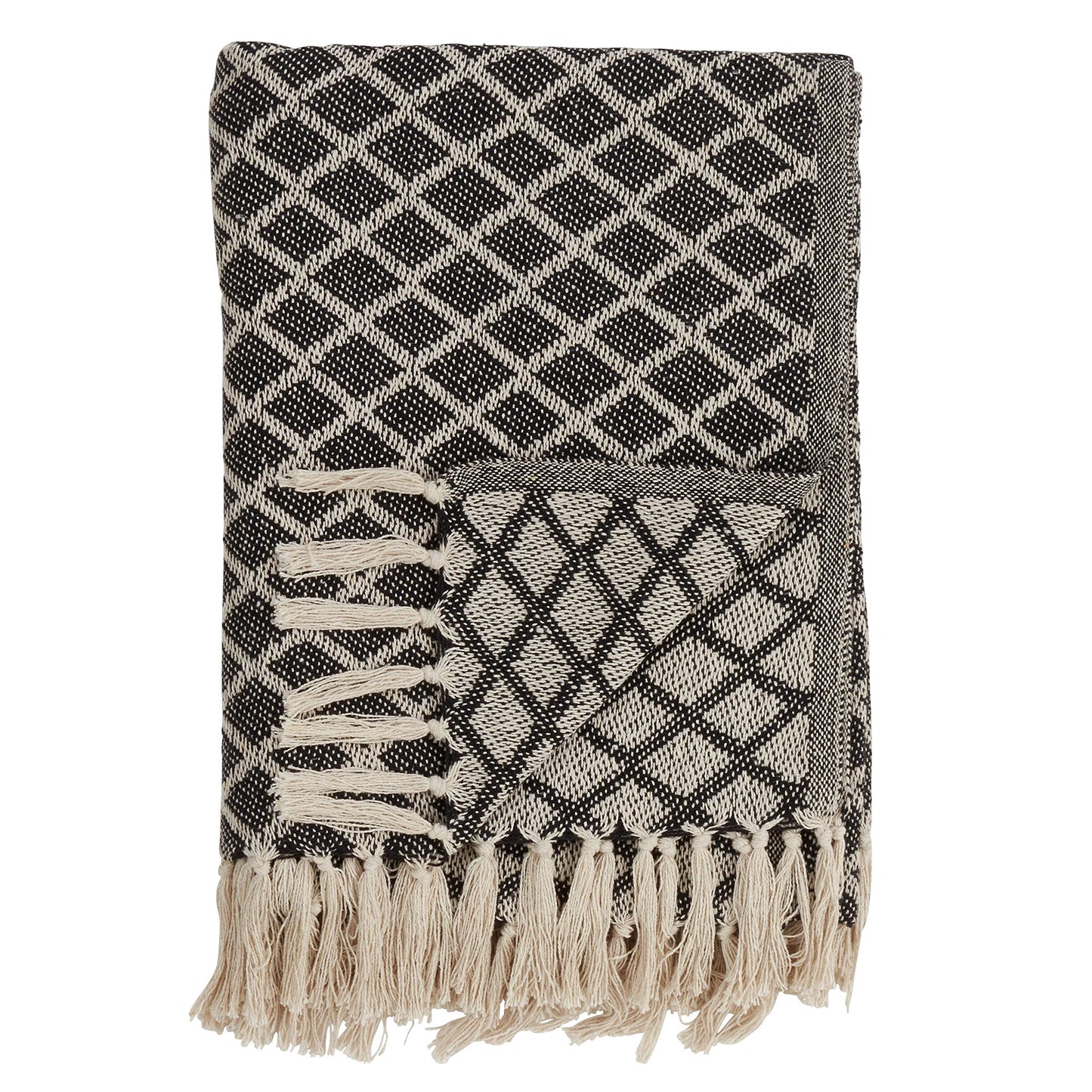 Fennco Styles Diamond Two-Tone Tassel 100% Cotton Woven Soft Throw Blanket, 50" x 60", Black