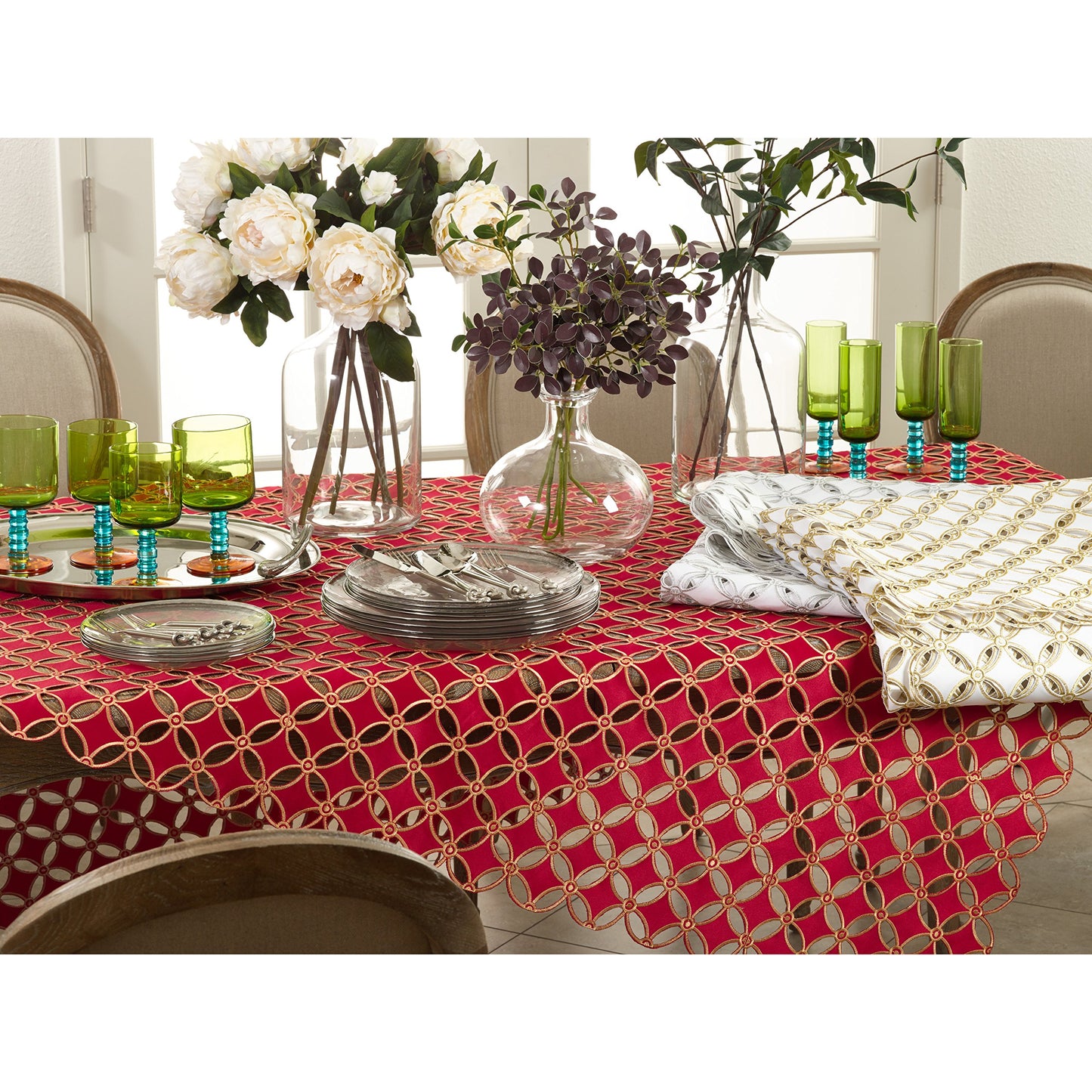 Fennco Styles Buche De Noel Collection Cutwork Design Tablecloth 67 x 67 Inch - Gold Table Cloth for Holiday, Banquets, Family Dinner and Special Events