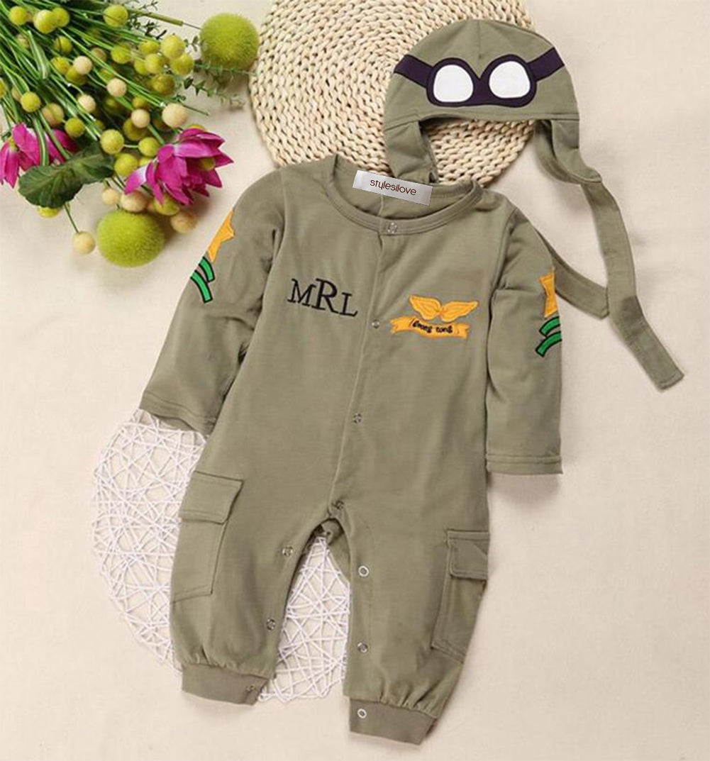 Green Army Air Force Baby Romper & Hat 2pcs Baby Costume