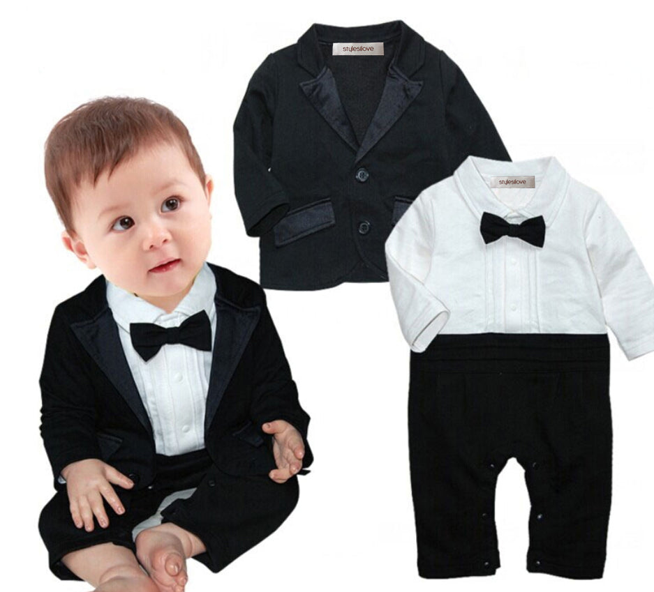 Black & White Tuxedo Romper & Jacket 2pcs Baby formal Wear
