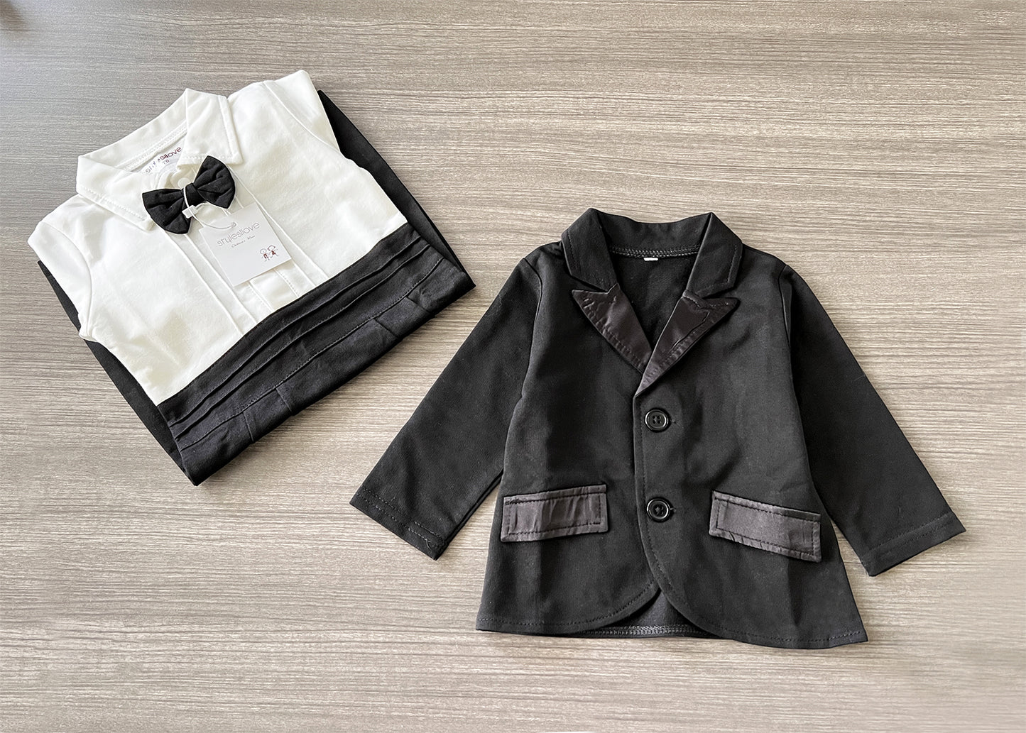 Black & White Tuxedo Romper & Jacket 2pcs Baby formal Wear